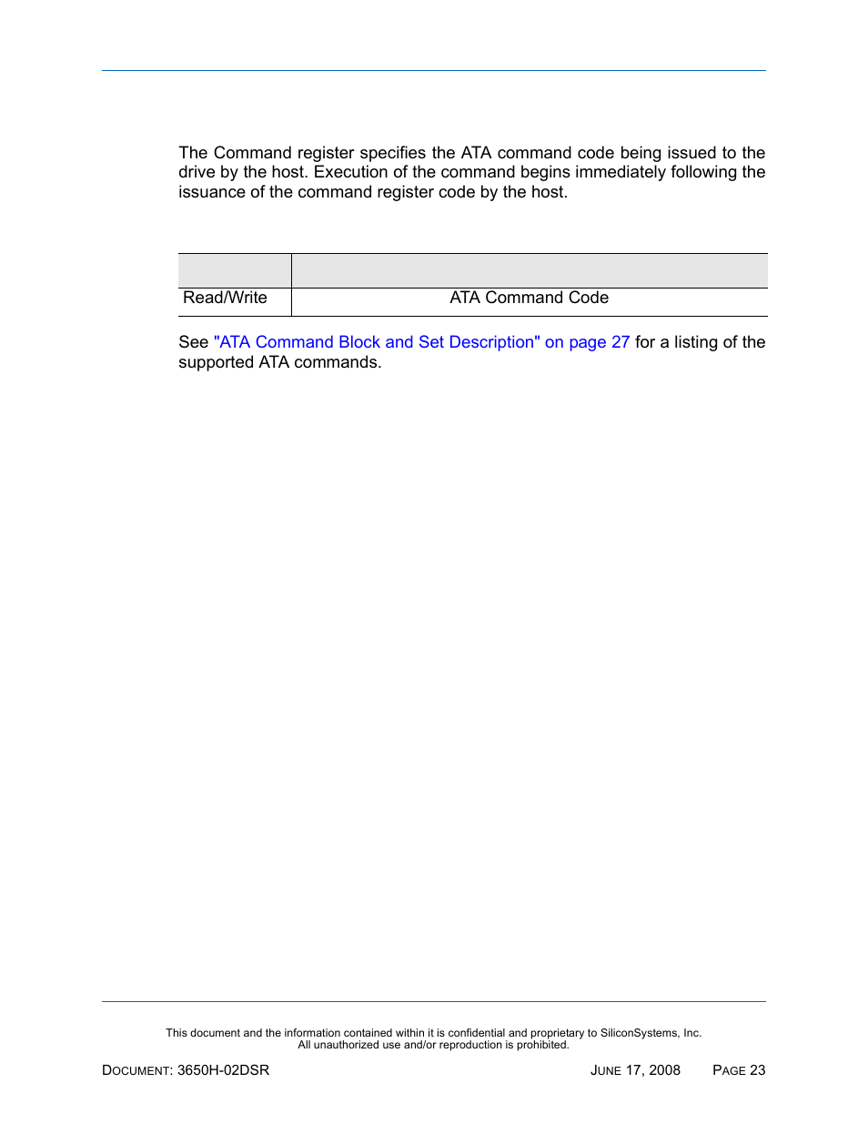 Command register, Table 25: command register | Silicon Image SiliconDrive SSDS00-3650H-R User Manual | Page 35 / 78