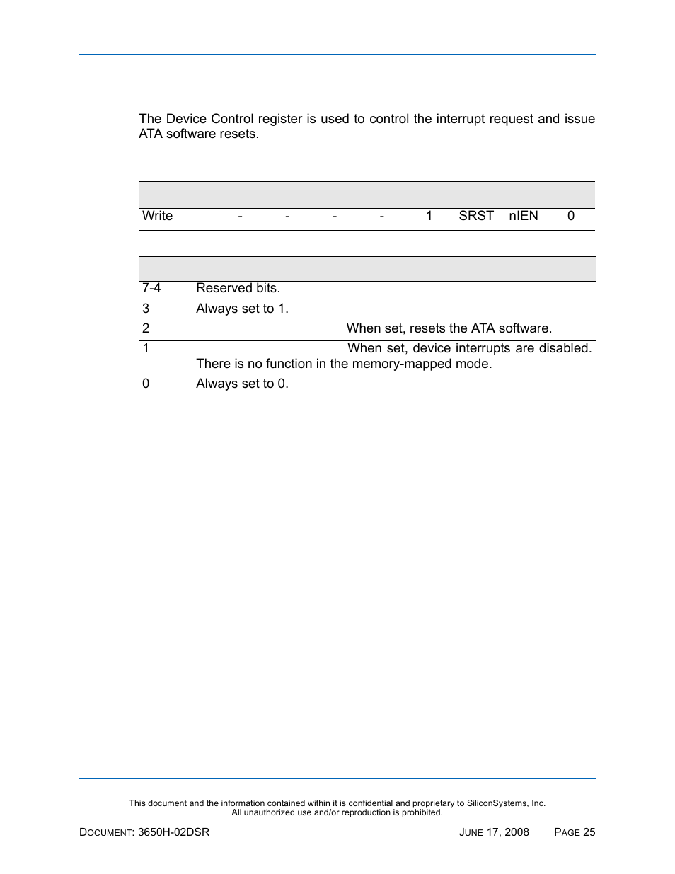 Device control register, Table 27: device control register | Silicon Image SiliconDrive SSDS00-3650H-R User Manual | Page 37 / 78