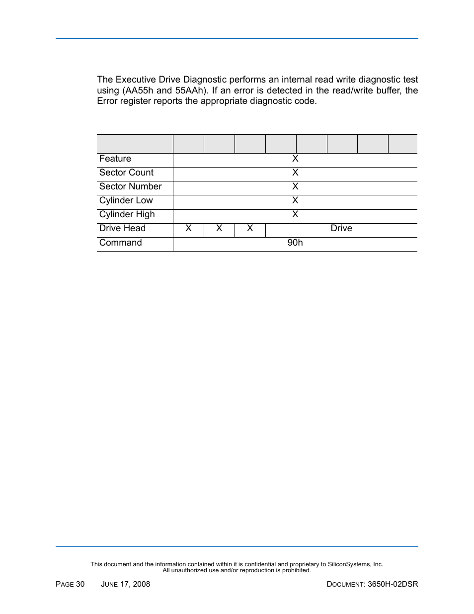 Executive drive diagnostic - 90h, Executive drive diagnostic — 90h, Table 32: executive drive diagnostic — 90h | Silicon Image SiliconDrive SSDS00-3650H-R User Manual | Page 42 / 78