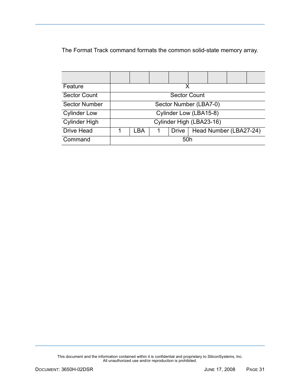 Format track - 50h, Format track — 50h, Table 33: format track — 50h | Silicon Image SiliconDrive SSDS00-3650H-R User Manual | Page 43 / 78