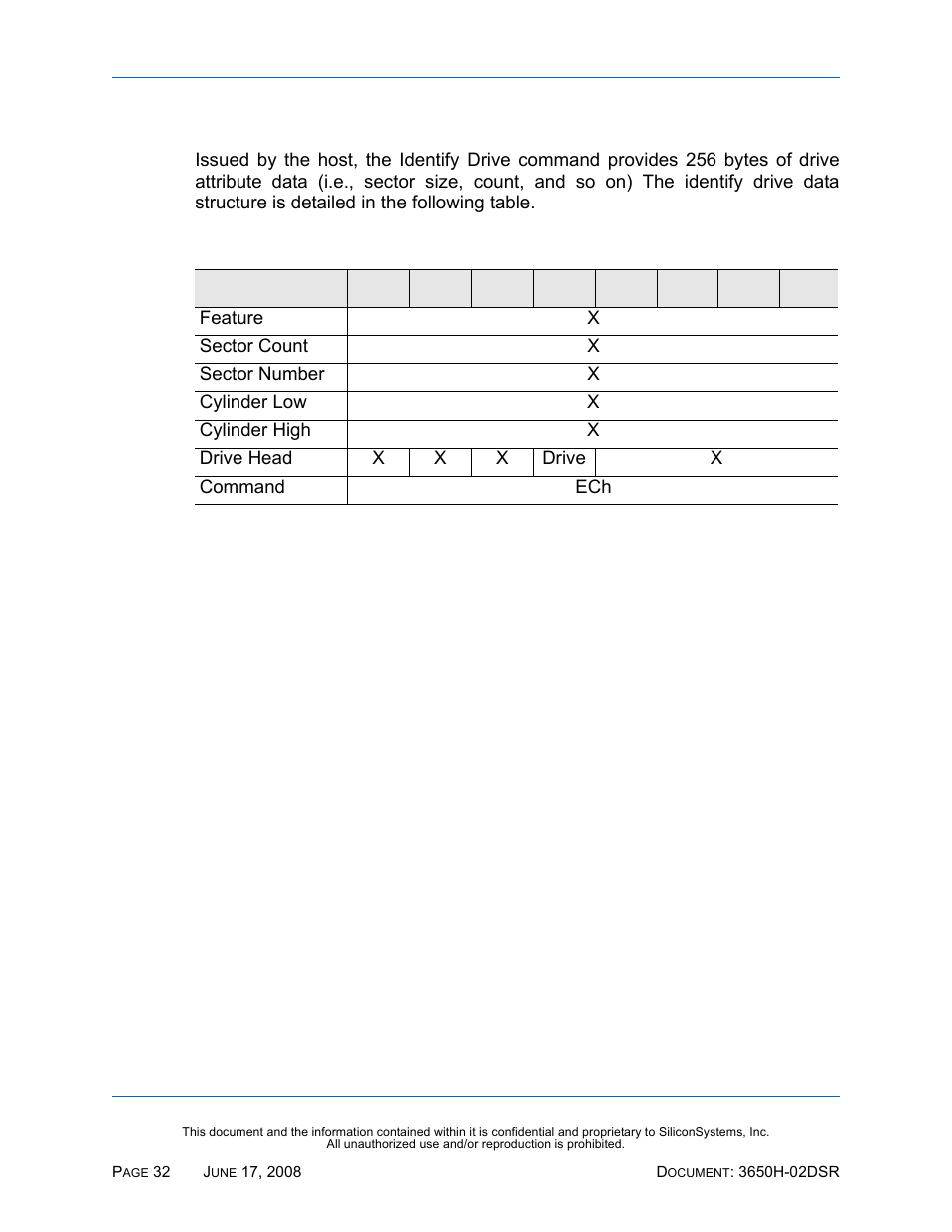 Identify drive - ech, Identify drive — ech, Table 34: identify drive — ech | Silicon Image SiliconDrive SSDS00-3650H-R User Manual | Page 44 / 78