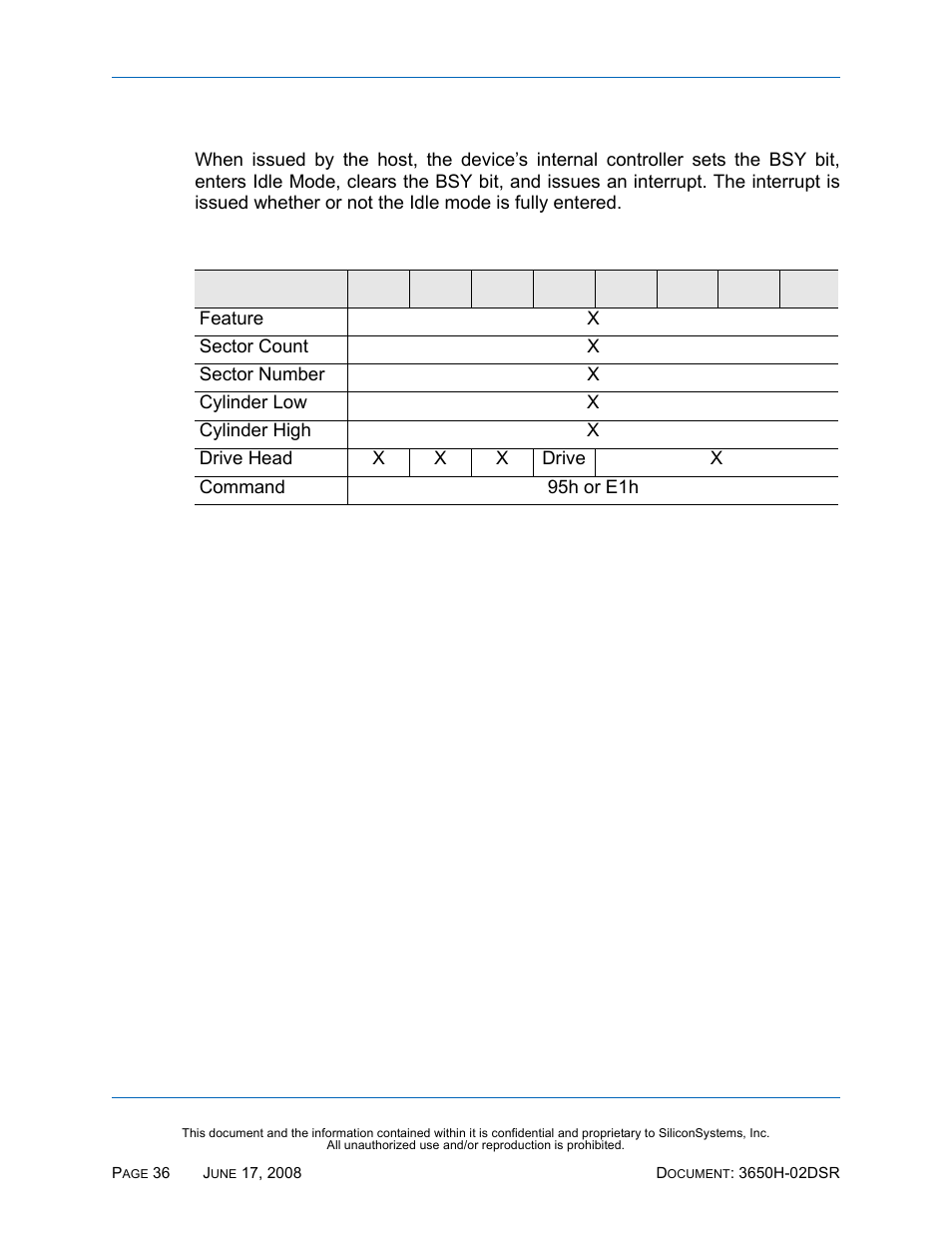 Idle immediate - 95h, e1h, Idle immediate — 95h, e1h, Table 37: idle immediate — 95h, e1h | Silicon Image SiliconDrive SSDS00-3650H-R User Manual | Page 48 / 78