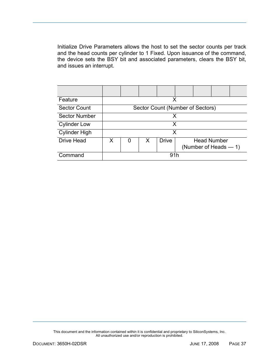 Initialize drive parameters - 91h, Initialize drive parameters — 91h, Table 38: initialize drive parameters — 91h | Silicon Image SiliconDrive SSDS00-3650H-R User Manual | Page 49 / 78