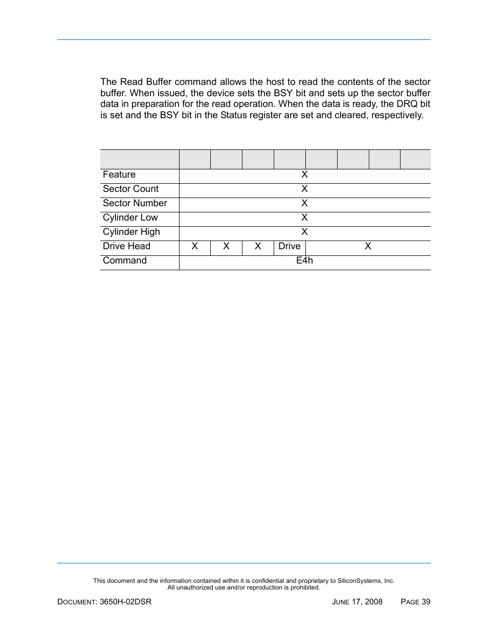 Read buffer - e4h, Read buffer — e4h, Table 40: read buffer — e4h | Silicon Image SiliconDrive SSDS00-3650H-R User Manual | Page 51 / 78