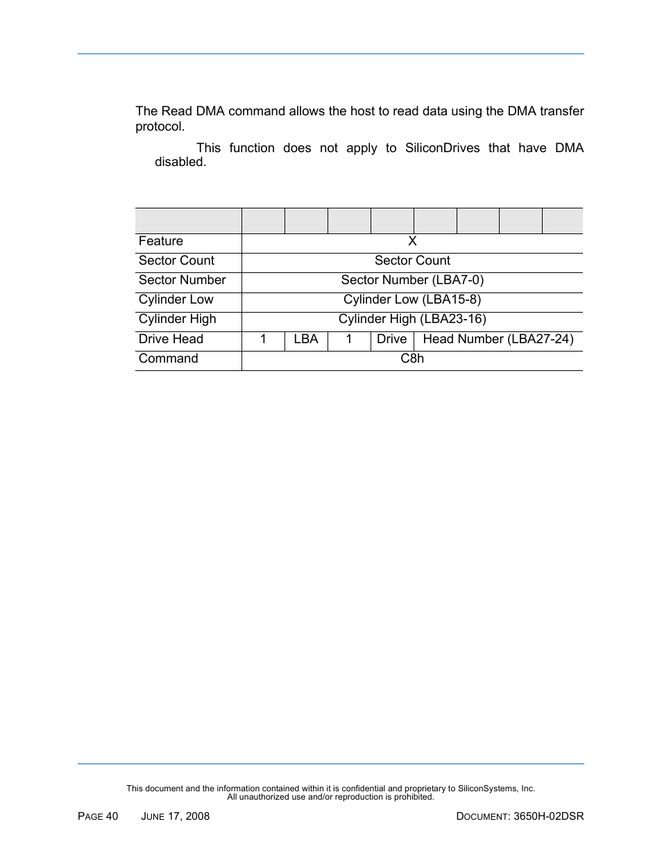 Read dma - c8h, Read dma — c8h, Table 41: read dma — c8h | Silicon Image SiliconDrive SSDS00-3650H-R User Manual | Page 52 / 78