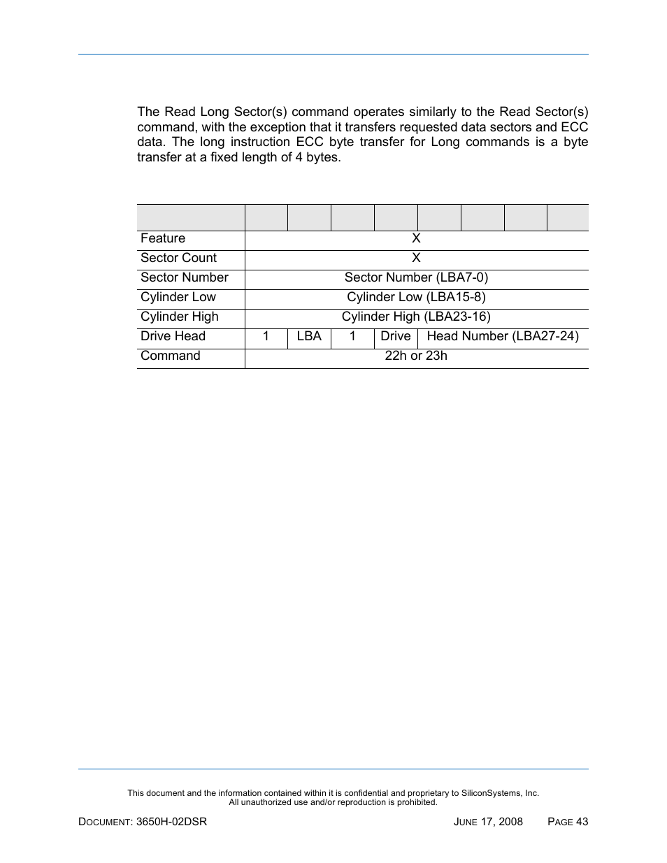 Read long sector(s) - 22h, 23h, Read long sector(s) — 22h, 23h, Table 44: read long sector(s) — 22h, 23h | Silicon Image SiliconDrive SSDS00-3650H-R User Manual | Page 55 / 78