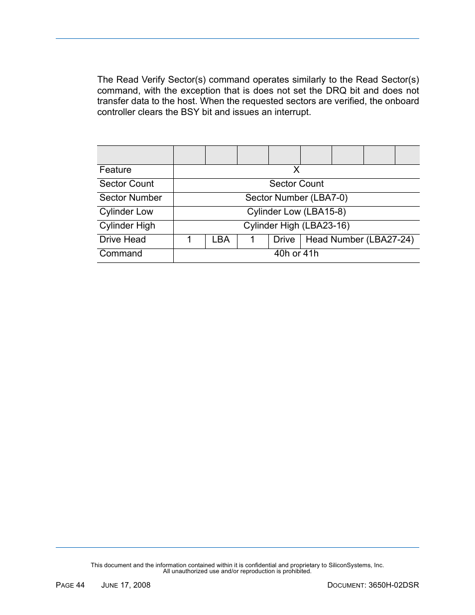 Read verify sector(s) - 40h, 41h, Read verify sector(s) — 40h, 41h, Table 45: read verify sector(s) — 40h, 41h | Silicon Image SiliconDrive SSDS00-3650H-R User Manual | Page 56 / 78