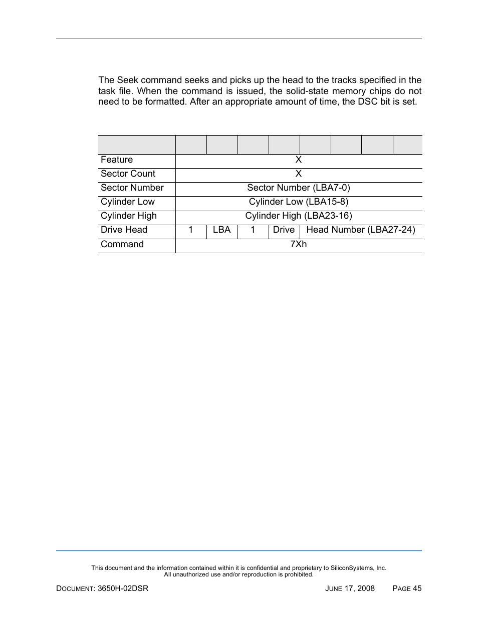 Seek - 7xh, Seek — 7xh, Table 46: seek — 7xh | Silicon Image SiliconDrive SSDS00-3650H-R User Manual | Page 57 / 78