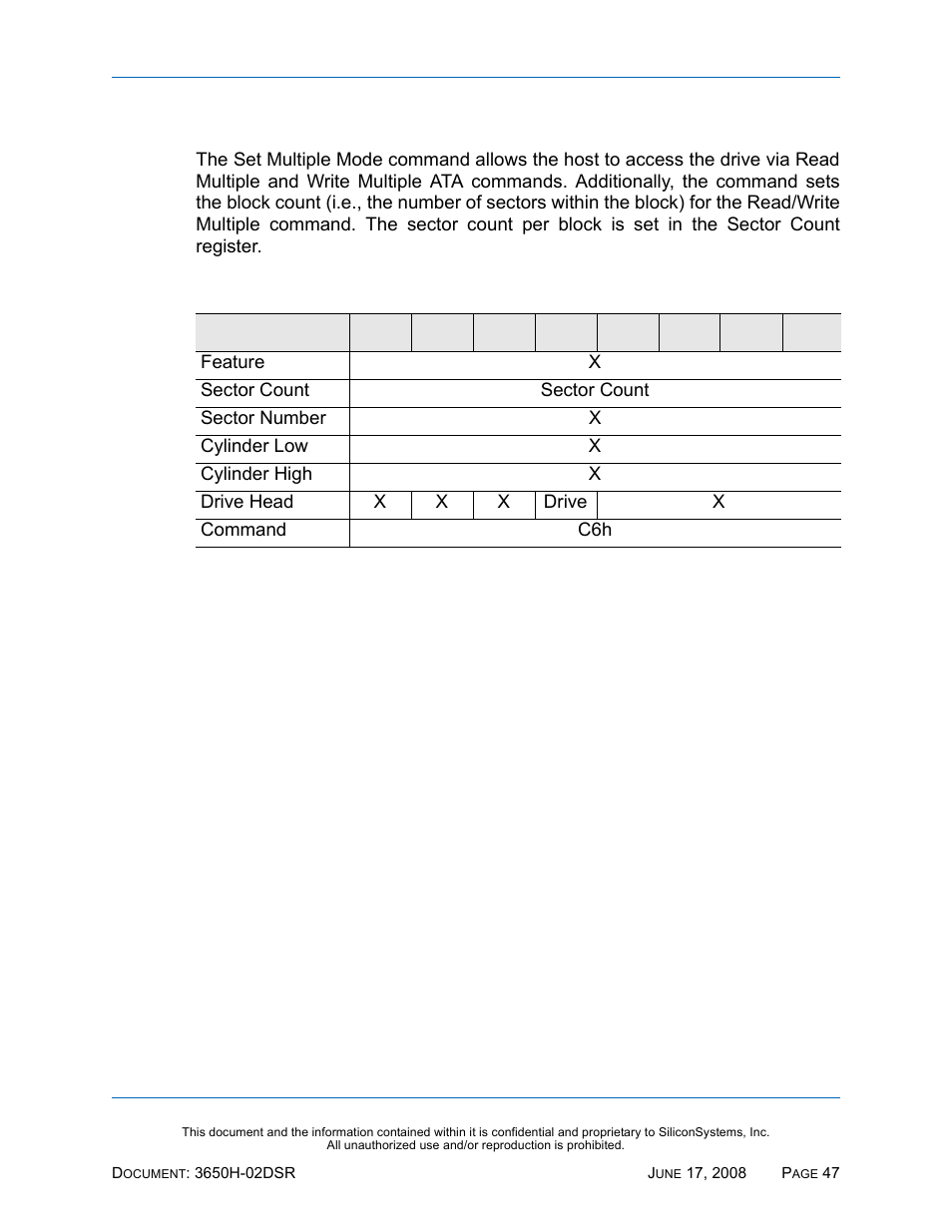 Set multiple mode - c6h, Set multiple mode — c6h, Table 49: set multiple mode — c6h | Silicon Image SiliconDrive SSDS00-3650H-R User Manual | Page 59 / 78