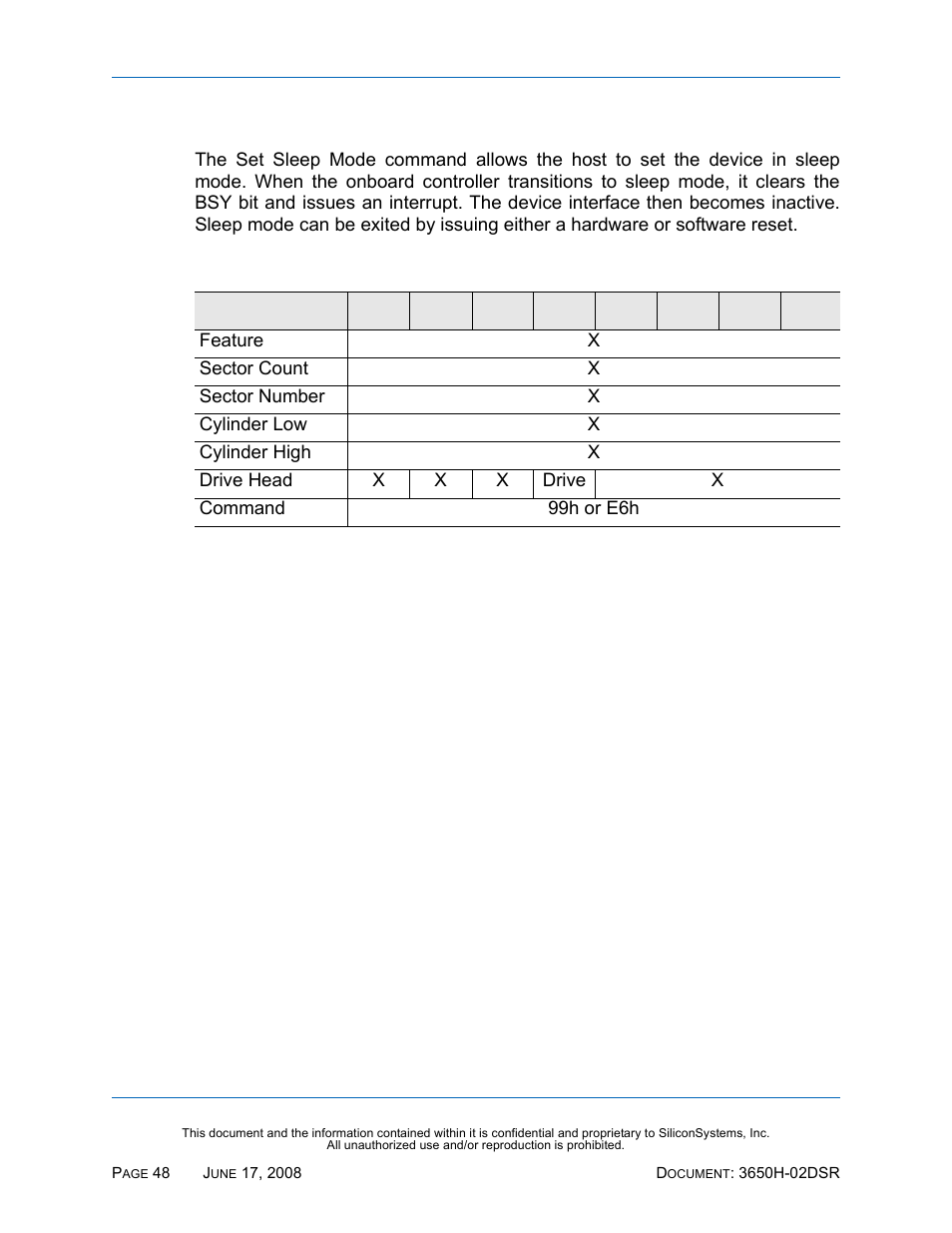 Set sleep mode - 99h, e6h, Set sleep mode — 99h, e6h, Table 50: set sleep mode — 99h, e6h | Silicon Image SiliconDrive SSDS00-3650H-R User Manual | Page 60 / 78