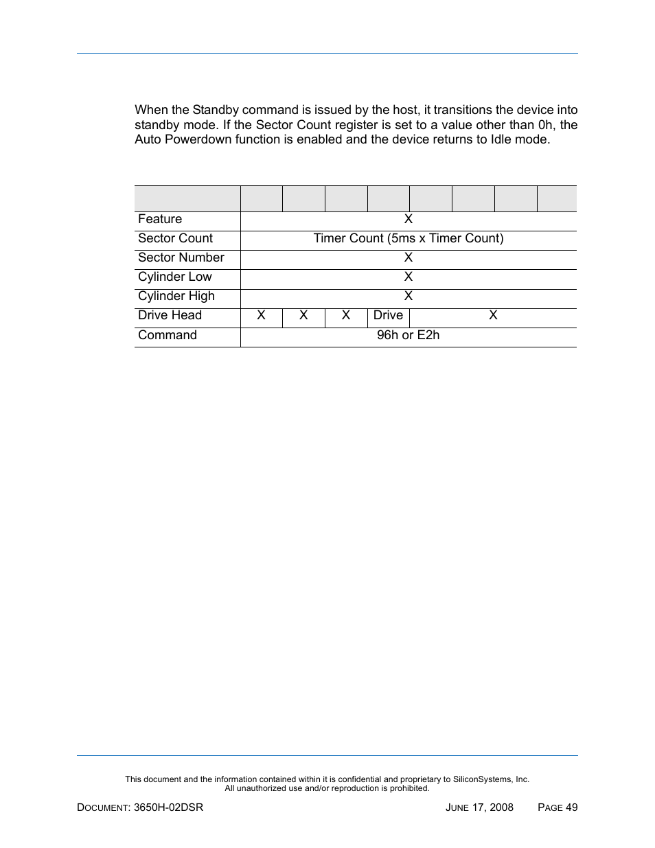 Standby - 96h, e2h, Standby — 96h, e2h, Table 51: standby — 96h, e2h | Silicon Image SiliconDrive SSDS00-3650H-R User Manual | Page 61 / 78