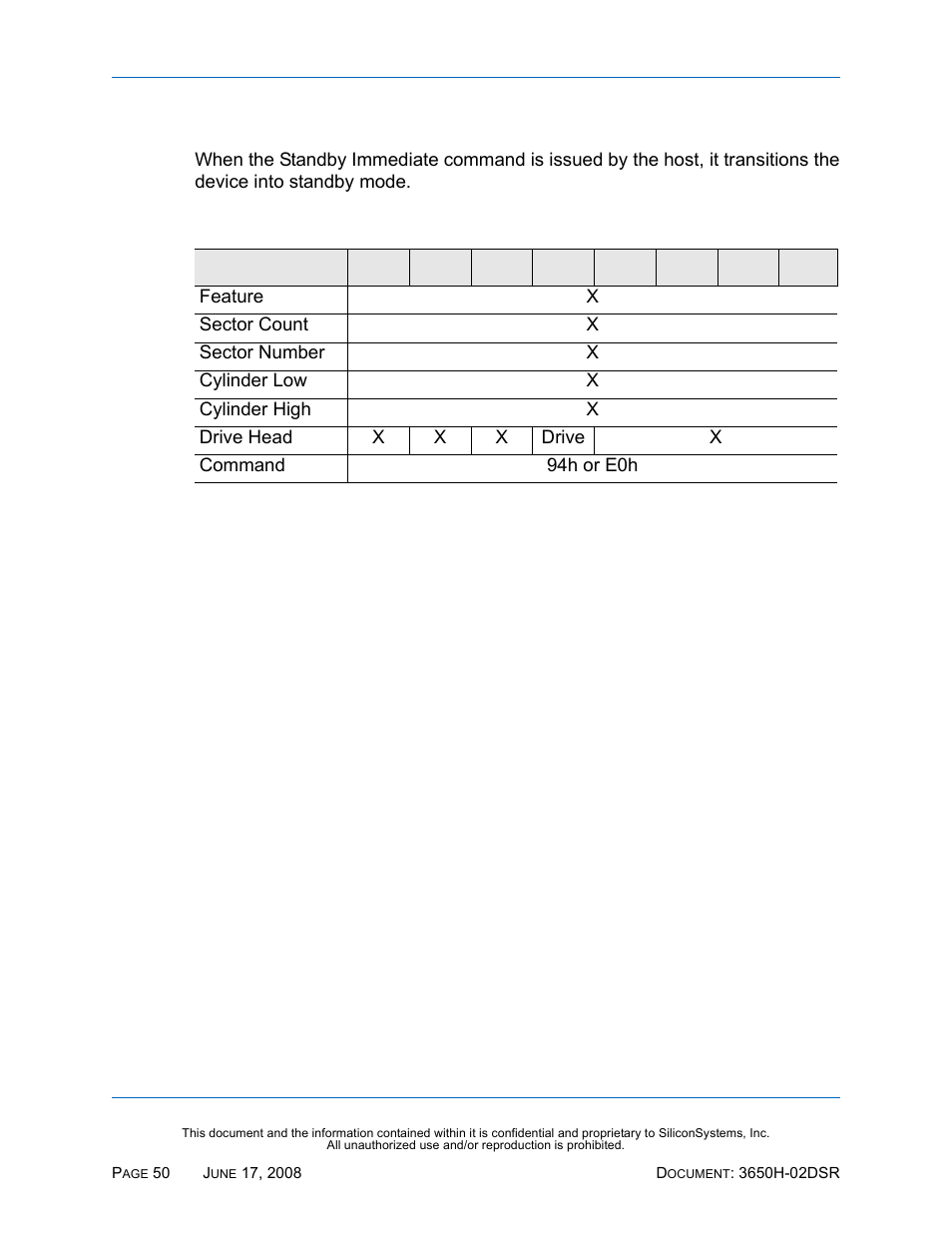 Standby immediate - 94h, e0h, Standby immediate — 94h, e0h, Table 52: standby immediate — 94h, e0h | Silicon Image SiliconDrive SSDS00-3650H-R User Manual | Page 62 / 78