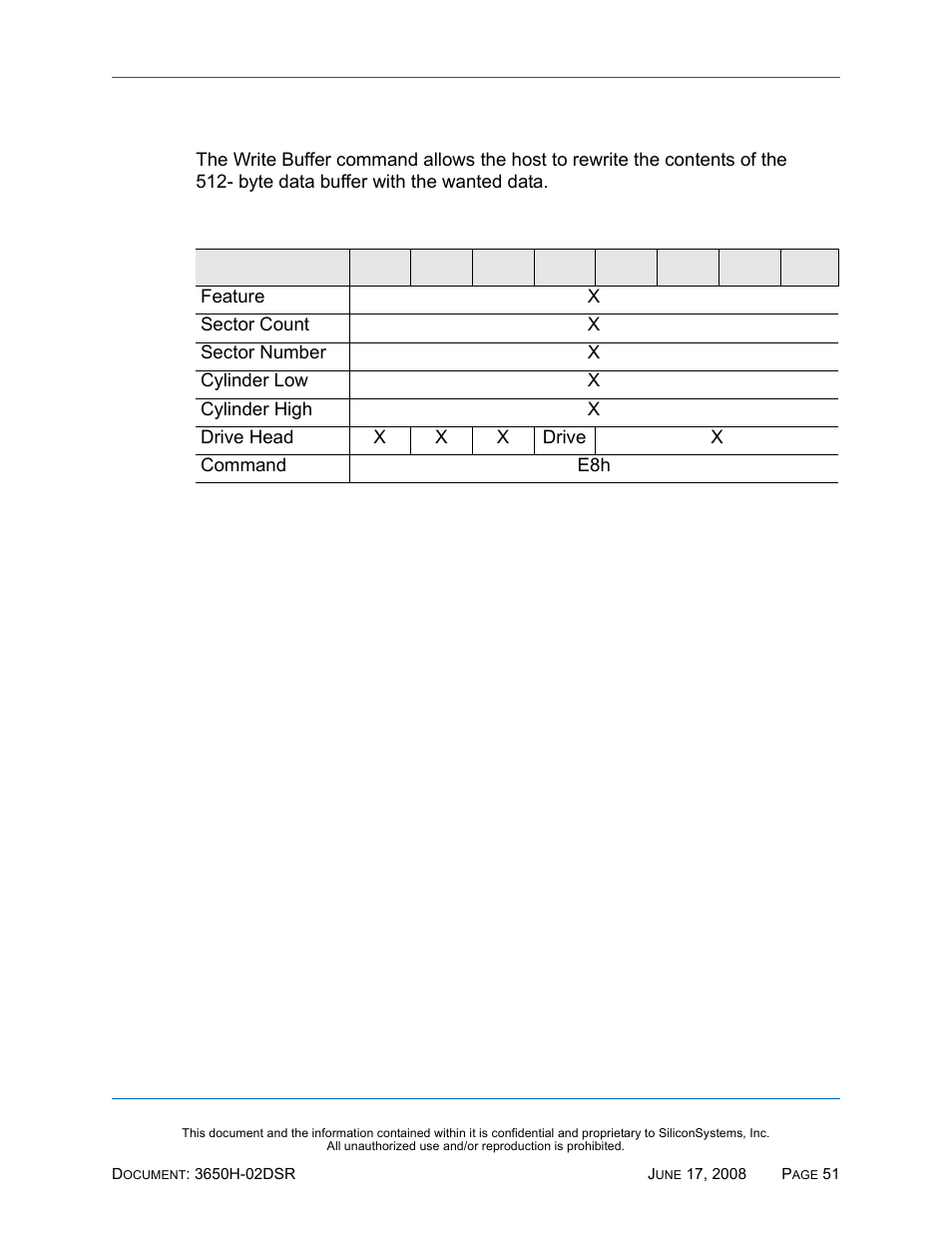 Write buffer - e8h, Write buffer — e8h, Table 53: write buffer — e8h | Silicon Image SiliconDrive SSDS00-3650H-R User Manual | Page 63 / 78