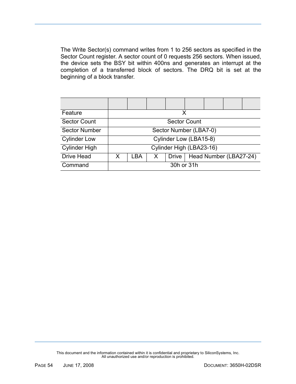 Write sector(s) - 30h, 31h, Write sector(s) — 30h, 31h, Table 56: write sector(s) — 30h, 31h | Silicon Image SiliconDrive SSDS00-3650H-R User Manual | Page 66 / 78
