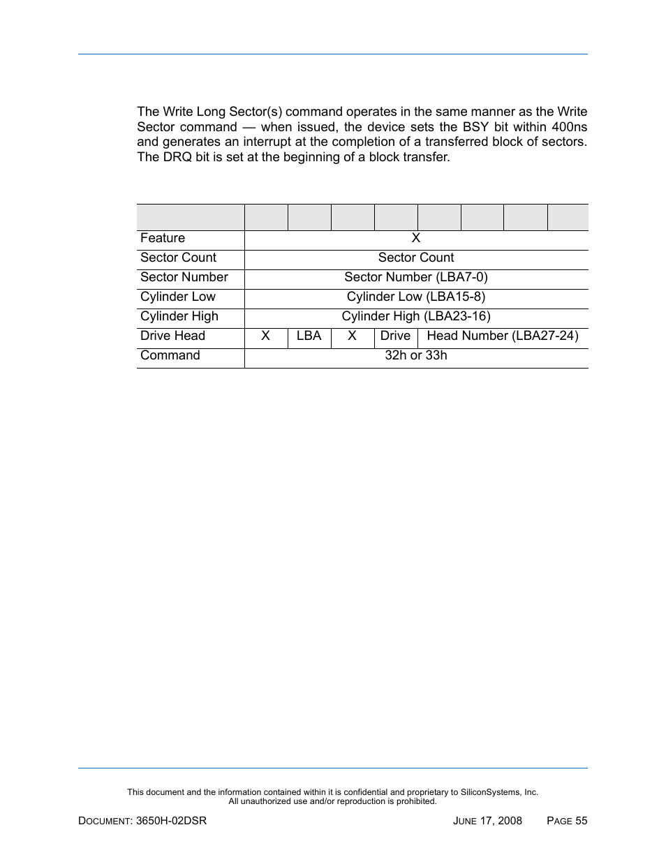 Write long sector(s) - 32h, 33h, Write long sector(s) — 32h, 33h, Table 57: write long sector(s) — 32h, 33h | Silicon Image SiliconDrive SSDS00-3650H-R User Manual | Page 67 / 78