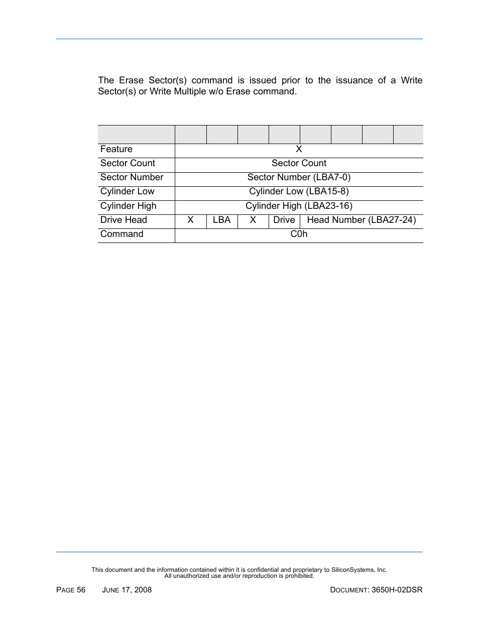 Erase sector(s) - c0h, Erase sector(s) — c0h, Table 58: erase sector(s) — c0h | Silicon Image SiliconDrive SSDS00-3650H-R User Manual | Page 68 / 78