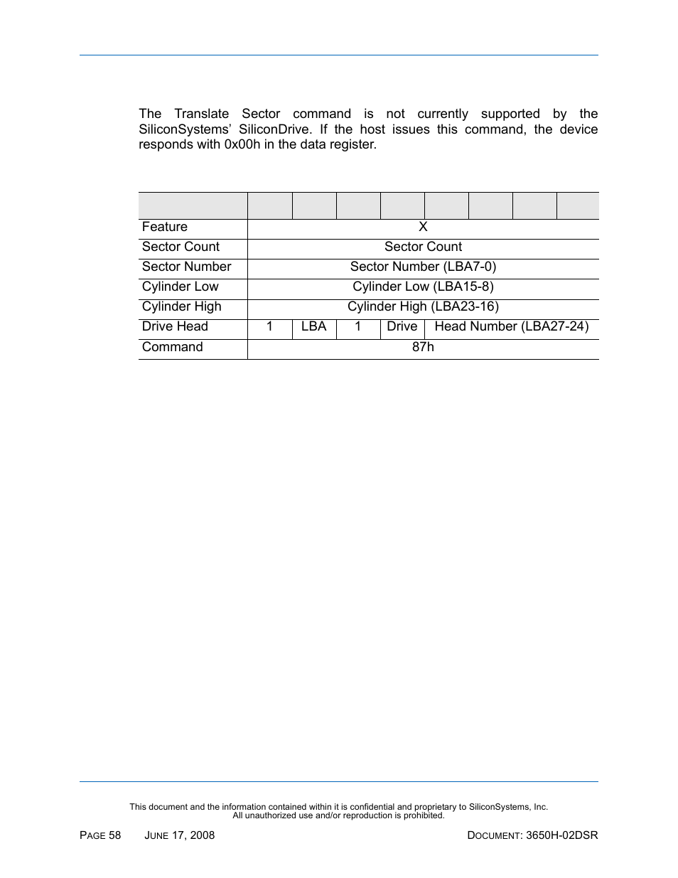 Translate sector - 87h, Translate sector — 87h, Table 61: translate sector — 87h | Silicon Image SiliconDrive SSDS00-3650H-R User Manual | Page 70 / 78