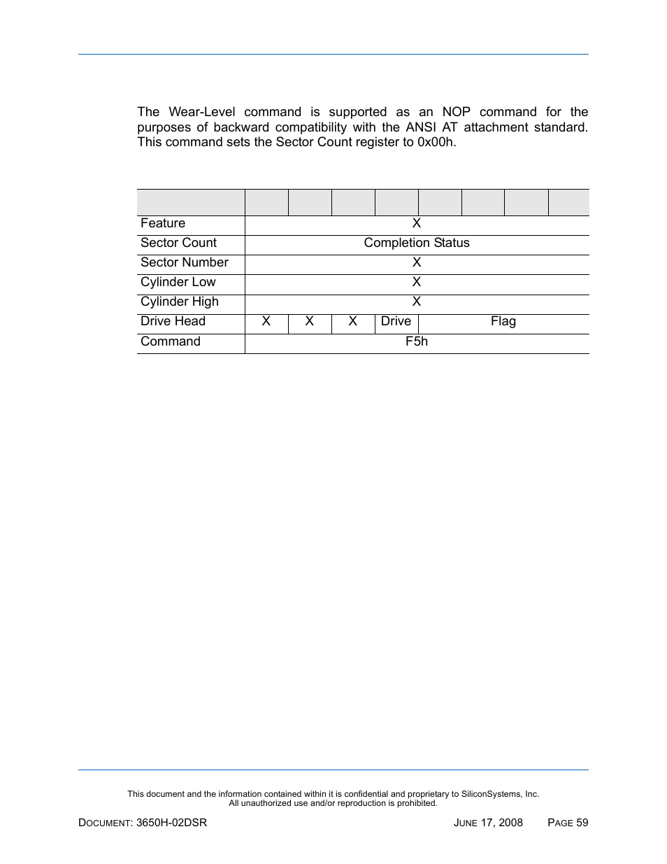 Wear-level - f5h, Wear-level — f5h, Table 62: wear-level — f5h | Silicon Image SiliconDrive SSDS00-3650H-R User Manual | Page 71 / 78