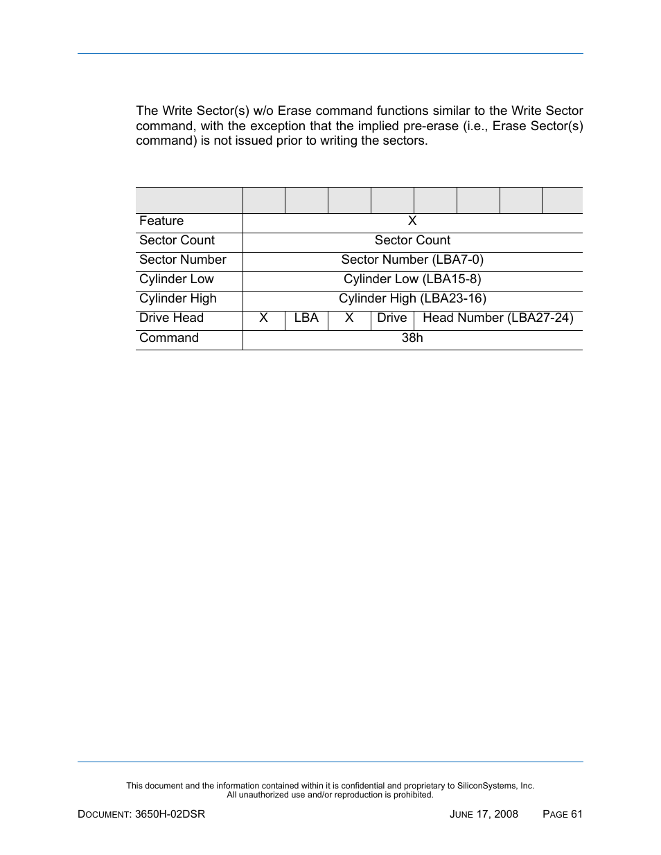 Write sector(s) w/o erase - 38h, Write sector(s) w/o erase — 38h, Table 64: write sector(s) w/o erase — 38h | Silicon Image SiliconDrive SSDS00-3650H-R User Manual | Page 73 / 78