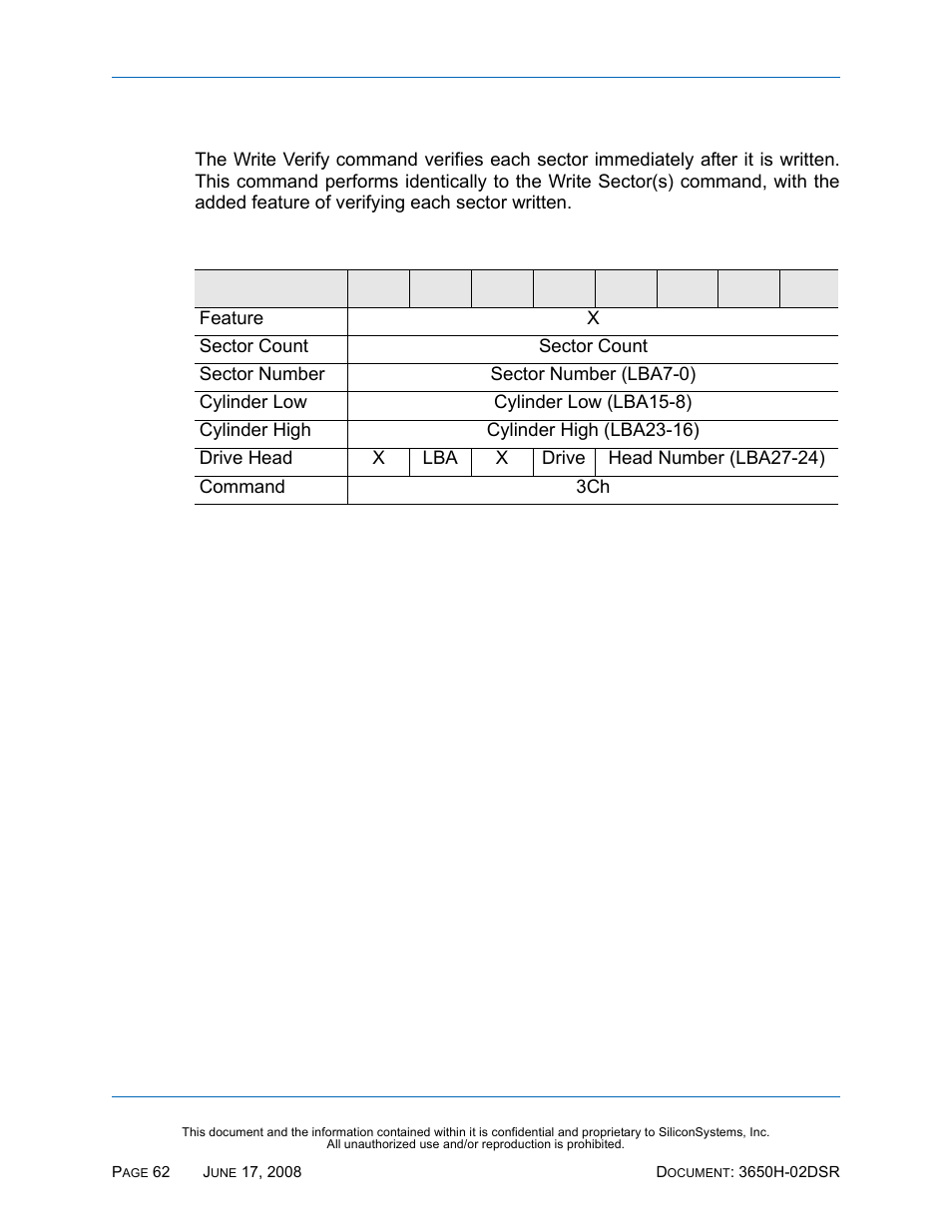 Write verify - 3ch, Write verify — 3ch, Table 65: write verify — 3ch | Silicon Image SiliconDrive SSDS00-3650H-R User Manual | Page 74 / 78