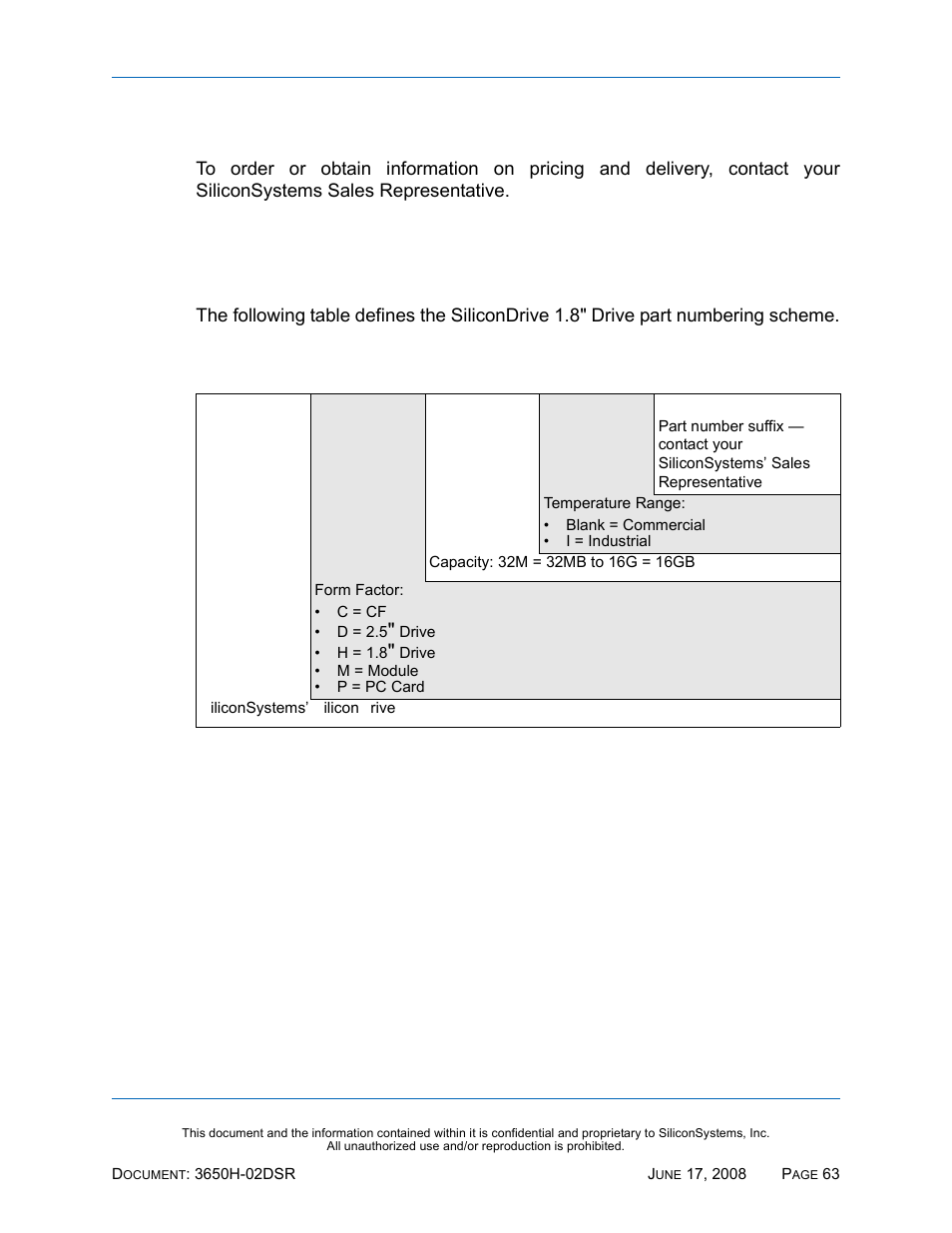 Sales and support, Part numbering, Nomenclature | Table 66: part numbering nomenclature | Silicon Image SiliconDrive SSDS00-3650H-R User Manual | Page 75 / 78