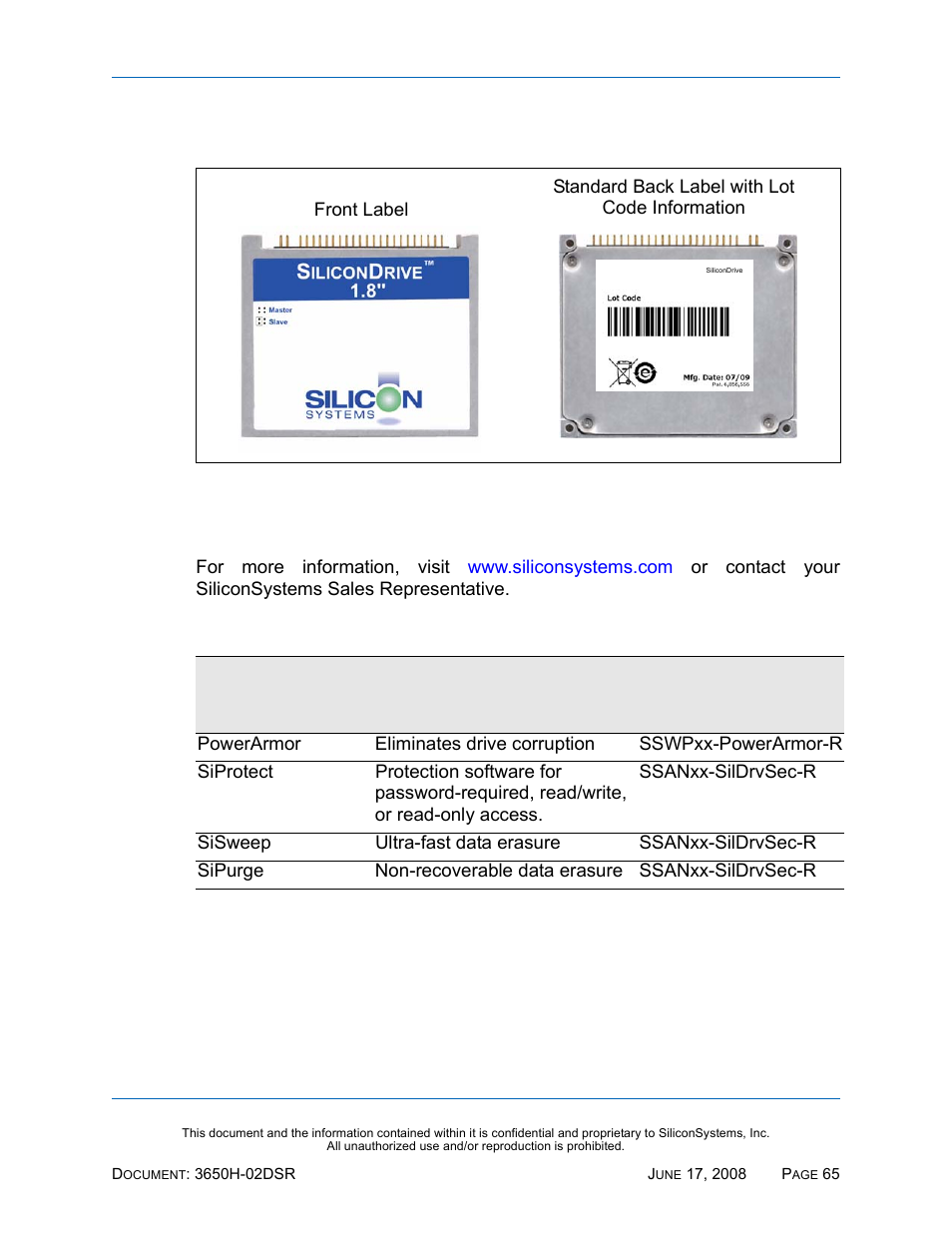 Sample label, Related documentation, Figure 8: sample label | Table 68: related documentation | Silicon Image SiliconDrive SSDS00-3650H-R User Manual | Page 77 / 78