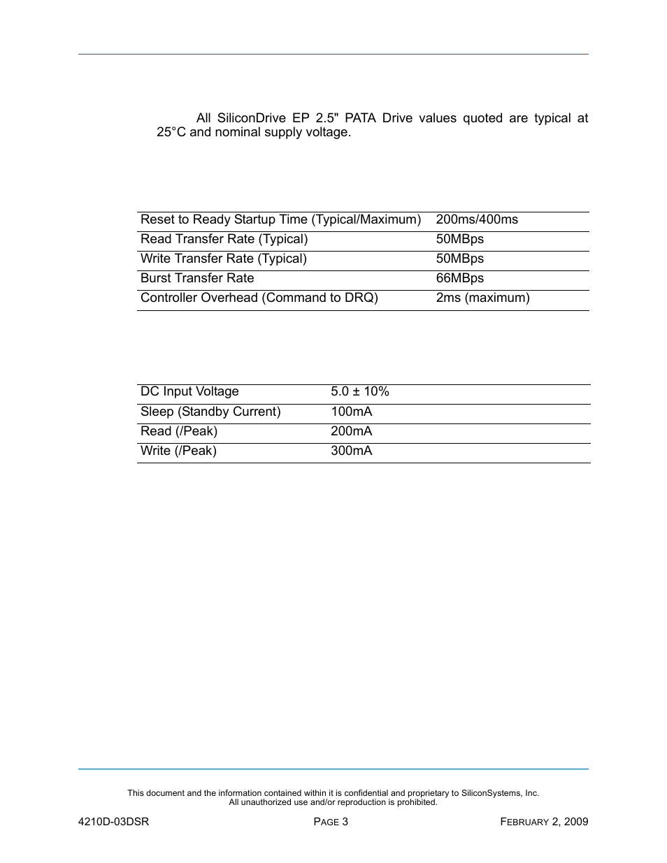 Product specifications, System performance, System power requirements | Table 1: system performance, Table 2: system power requirements | Silicon Image SiliconDrive SSD-DXXX(I)-4210 User Manual | Page 12 / 88