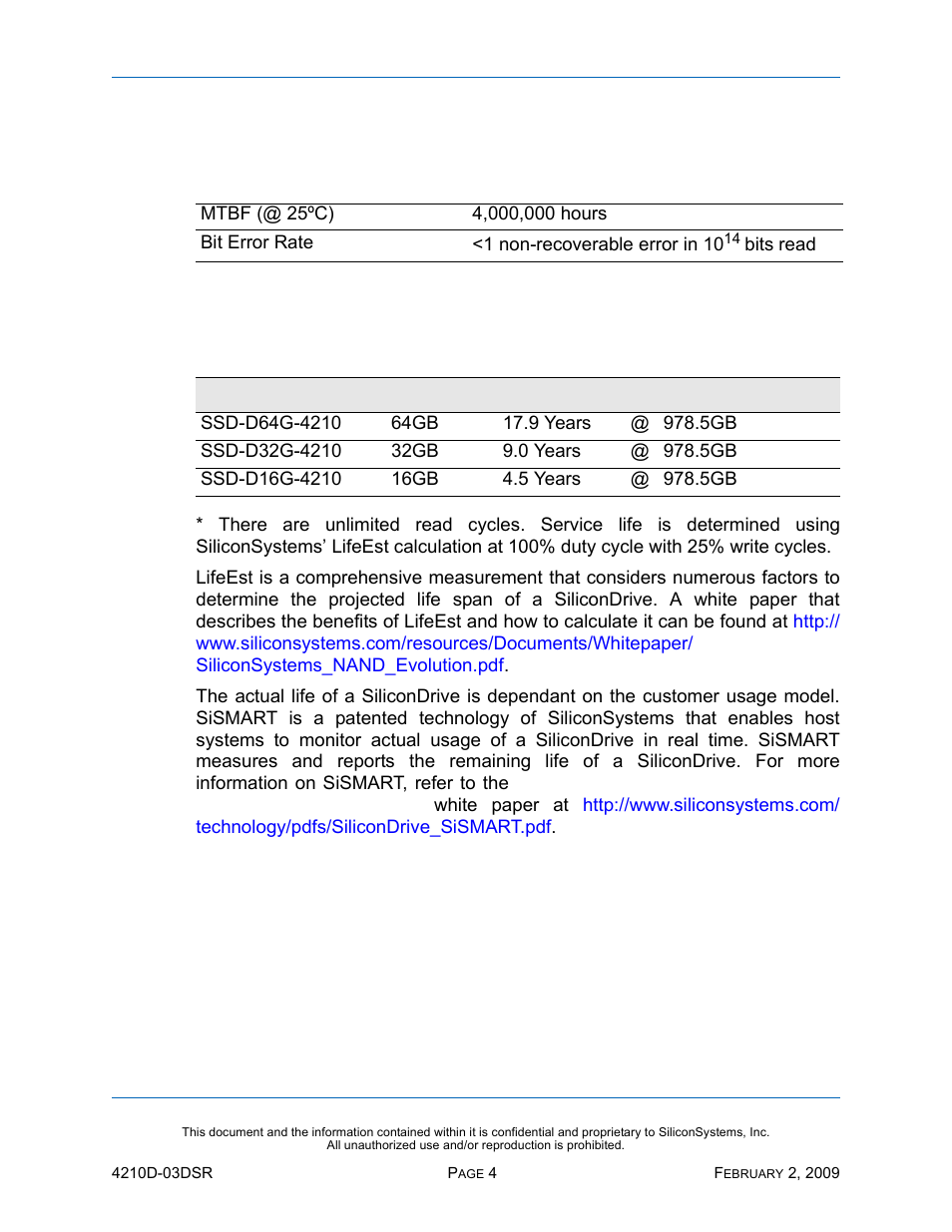 Reliability, Projected operational life span, Table 3: reliability | Table 4: operational life span | Silicon Image SiliconDrive SSD-DXXX(I)-4210 User Manual | Page 13 / 88