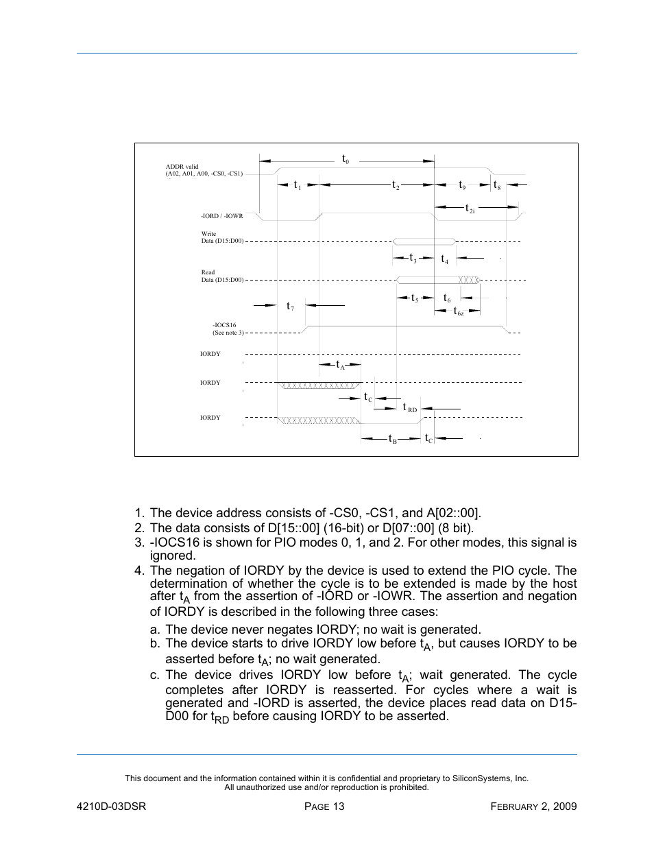 Ac characteristics, True ide pio mode read/write access timing, Ac c | Ssd-d, I)-4210 d, But causes iordy to be asserted before t, Before causing iordy to be asserted. t | Silicon Image SiliconDrive SSD-DXXX(I)-4210 User Manual | Page 22 / 88