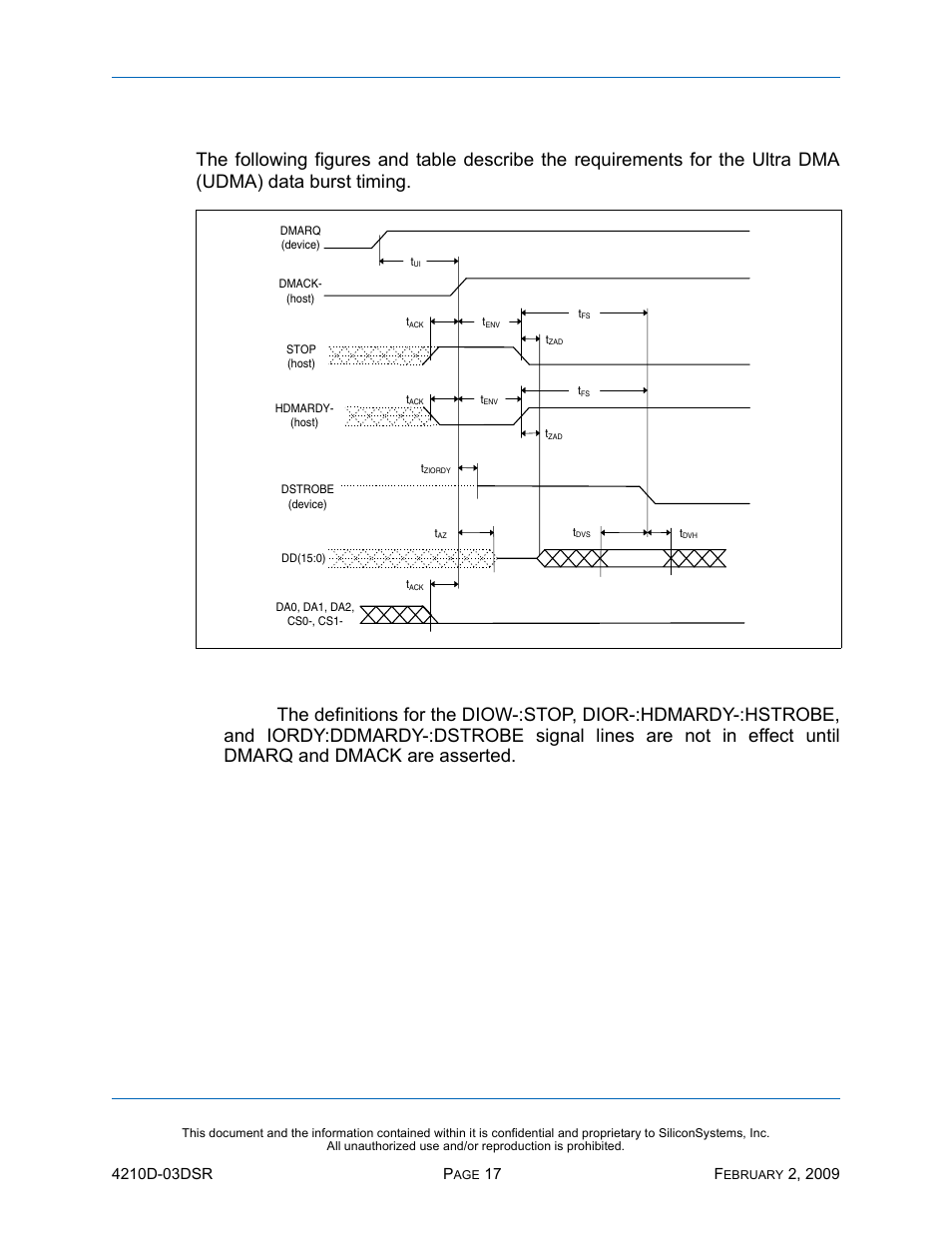 Ultra dma data burst timing requirements, Figure 6: initiating a udma data-in burst, Ssd-d | I)-4210 d | Silicon Image SiliconDrive SSD-DXXX(I)-4210 User Manual | Page 26 / 88