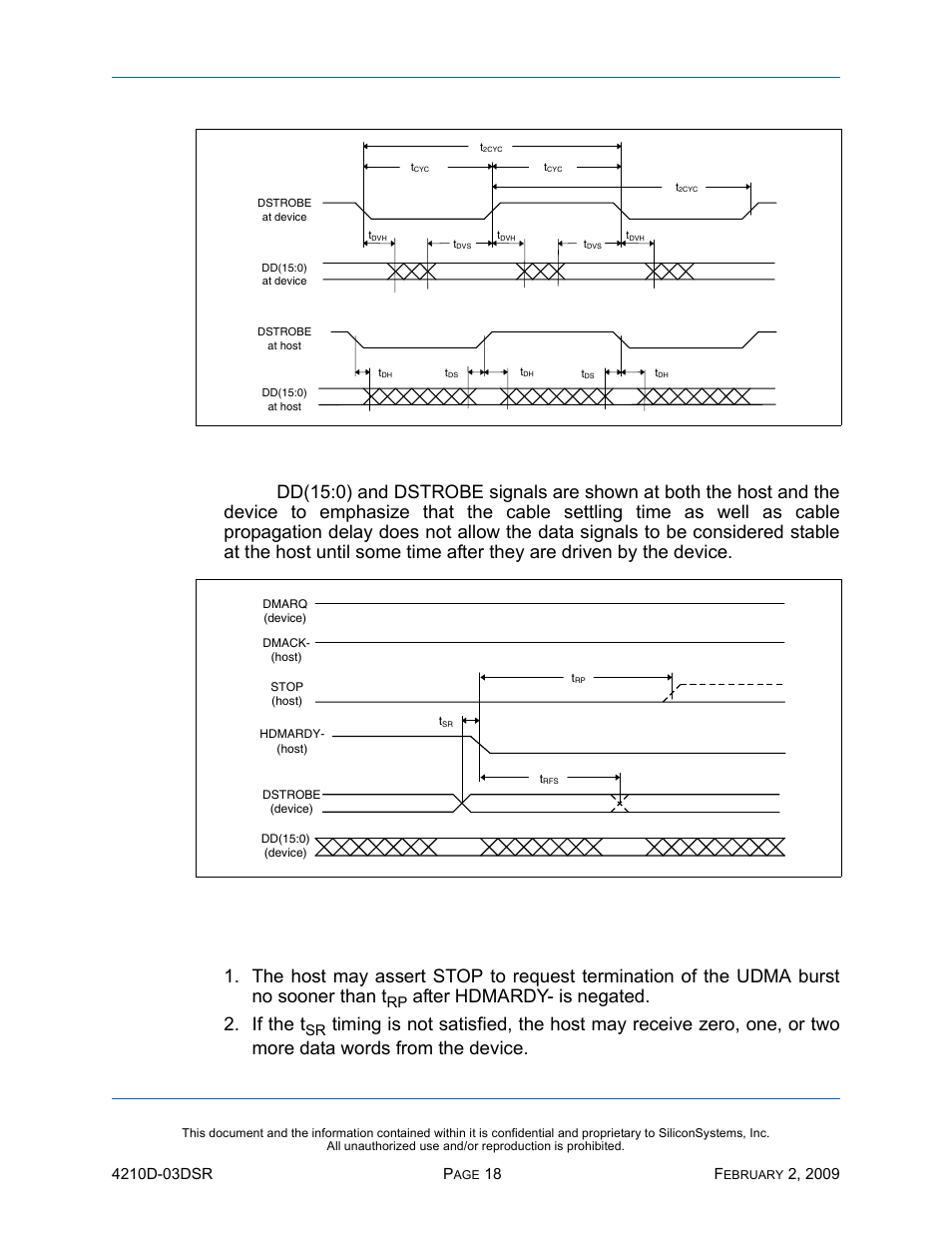 Figure 7: sustained udma data-in burst, Figure 8: host pausing a udma data-in burst, Ssd-d | I)-4210 d, After hdmardy- is negated. 2. if the t | Silicon Image SiliconDrive SSD-DXXX(I)-4210 User Manual | Page 27 / 88
