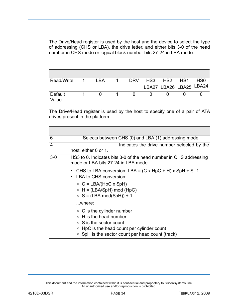 Drive/head register, Table 21: drive/head register | Silicon Image SiliconDrive SSD-DXXX(I)-4210 User Manual | Page 43 / 88