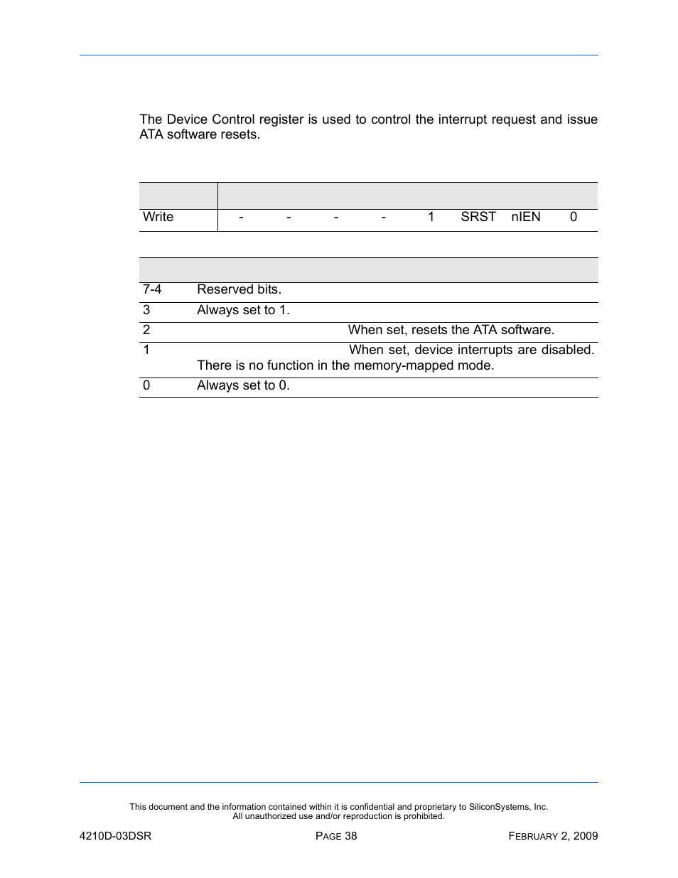 Device control register, Table 25: device control register | Silicon Image SiliconDrive SSD-DXXX(I)-4210 User Manual | Page 47 / 88