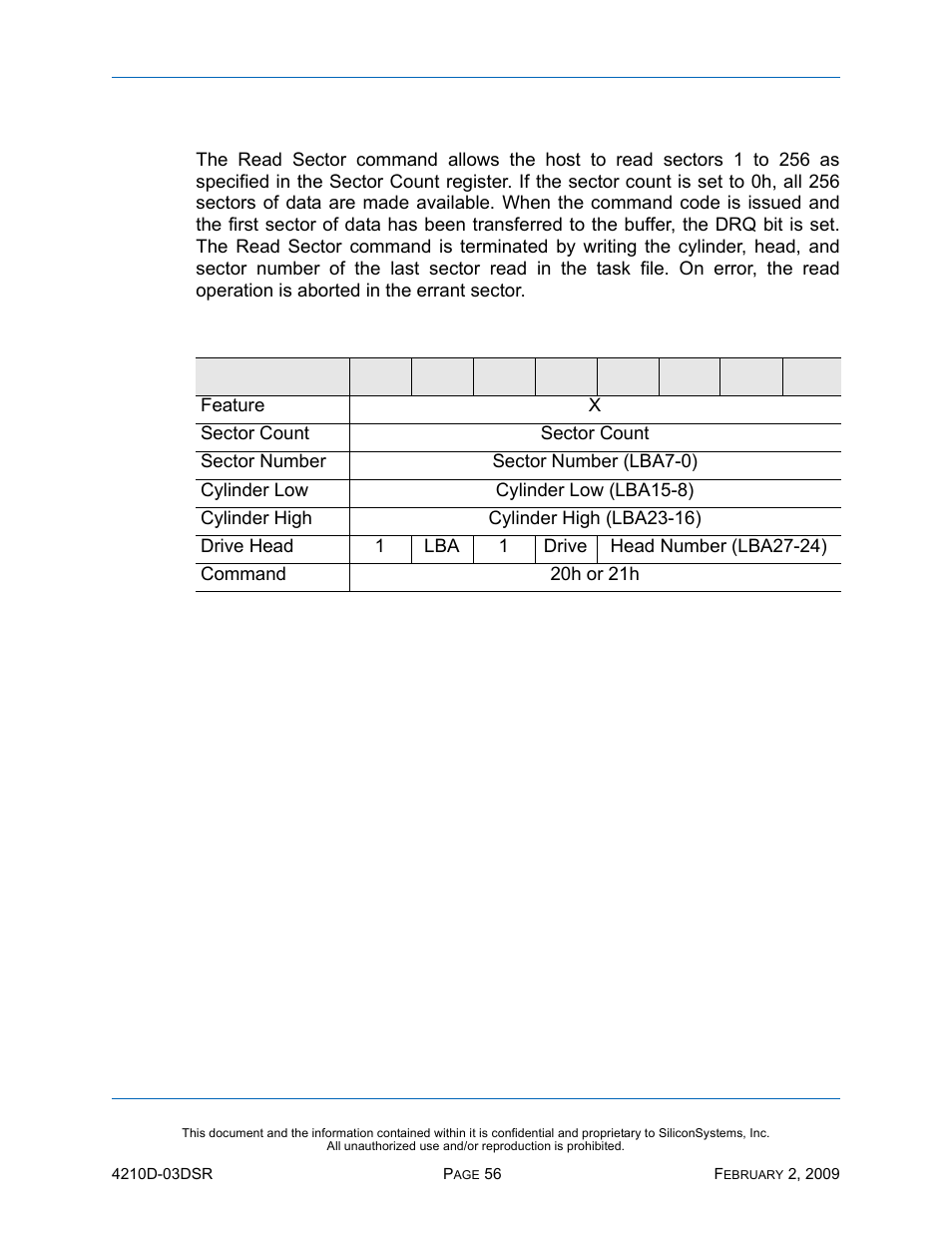 Read sector - 20h, 21h, Read sector — 20h, 21h, Table 41: read sector — 20h, 21h | Silicon Image SiliconDrive SSD-DXXX(I)-4210 User Manual | Page 65 / 88