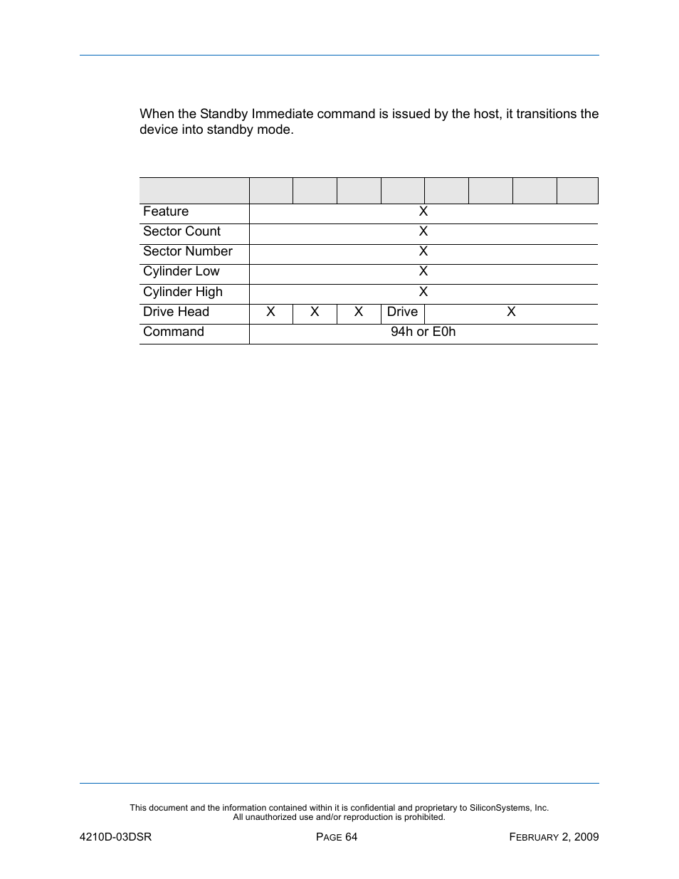 Standby immediate - 94h, e0h, Standby immediate — 94h, e0h, Table 50: standby immediate — 94h, e0h | Silicon Image SiliconDrive SSD-DXXX(I)-4210 User Manual | Page 73 / 88