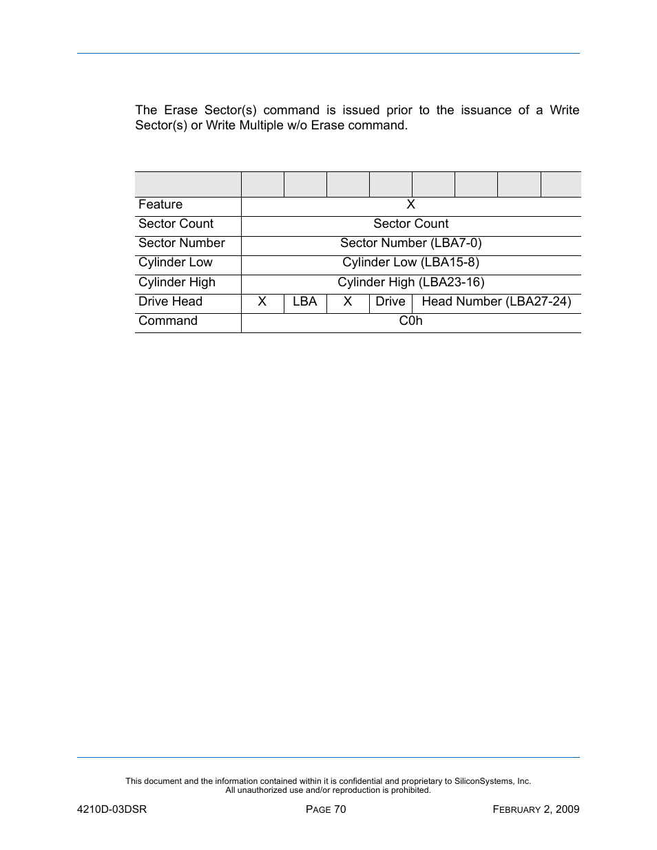 Erase sector(s) - c0h, Erase sector(s) — c0h, Table 56: erase sector(s) — c0h | Silicon Image SiliconDrive SSD-DXXX(I)-4210 User Manual | Page 79 / 88