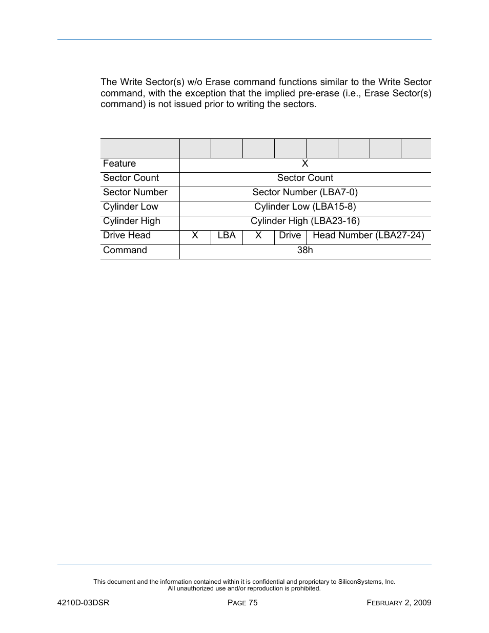 Write sector(s) w/o erase - 38h, Write sector(s) w/o erase — 38h, Table 62: write sector(s) w/o erase — 38h | Silicon Image SiliconDrive SSD-DXXX(I)-4210 User Manual | Page 84 / 88