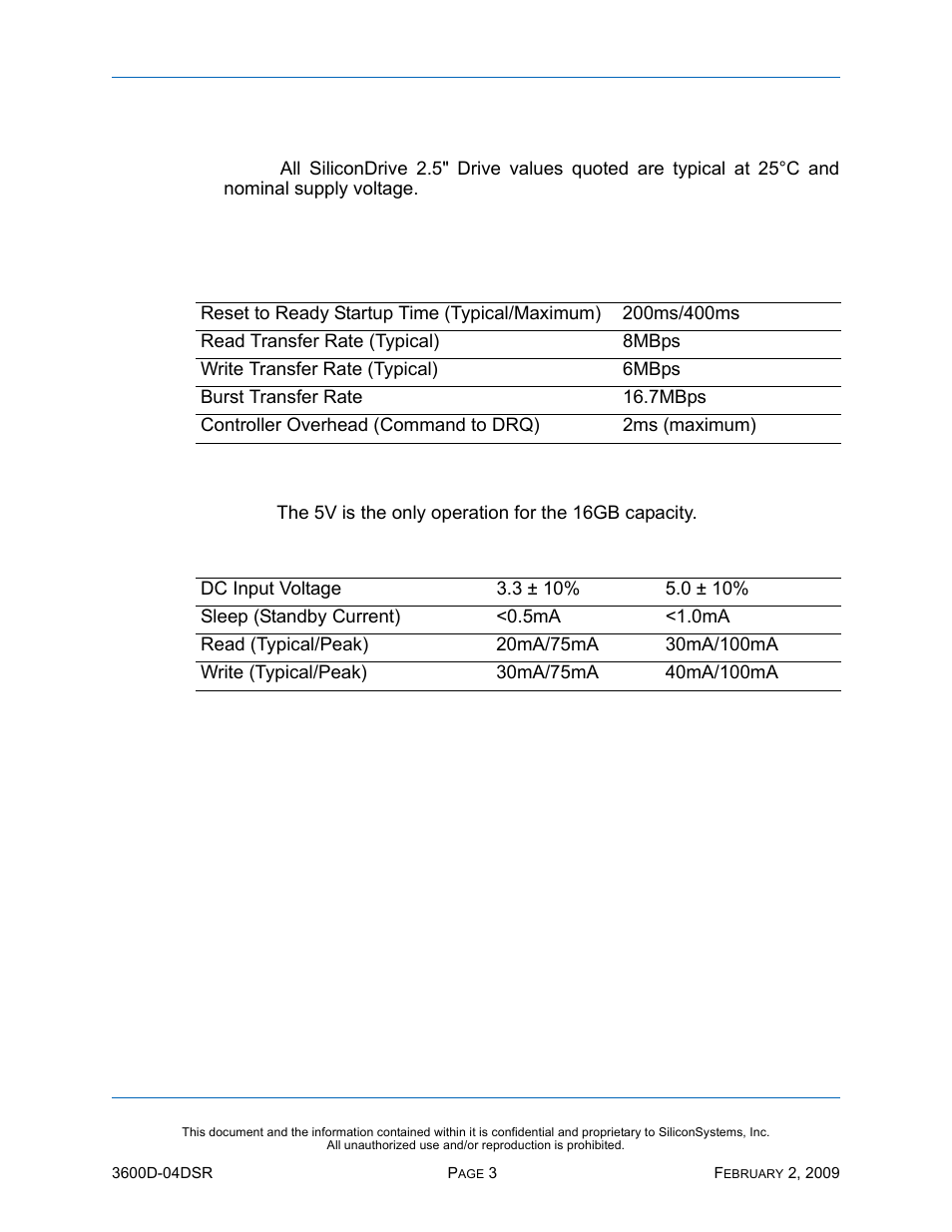 Product specifications, System performance, System power requirements | Table 1: system performance, Table 2: system power requirements | Silicon Image SiliconDrive SSD-D16G(I)-3600 User Manual | Page 12 / 76