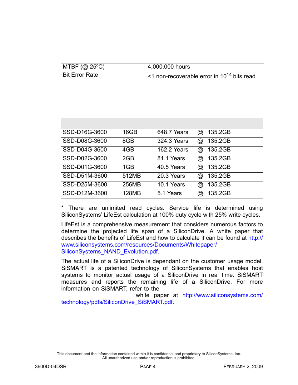 Reliability, Projected operational life span, Table 3: reliability | Table 4: operational life span | Silicon Image SiliconDrive SSD-D16G(I)-3600 User Manual | Page 13 / 76