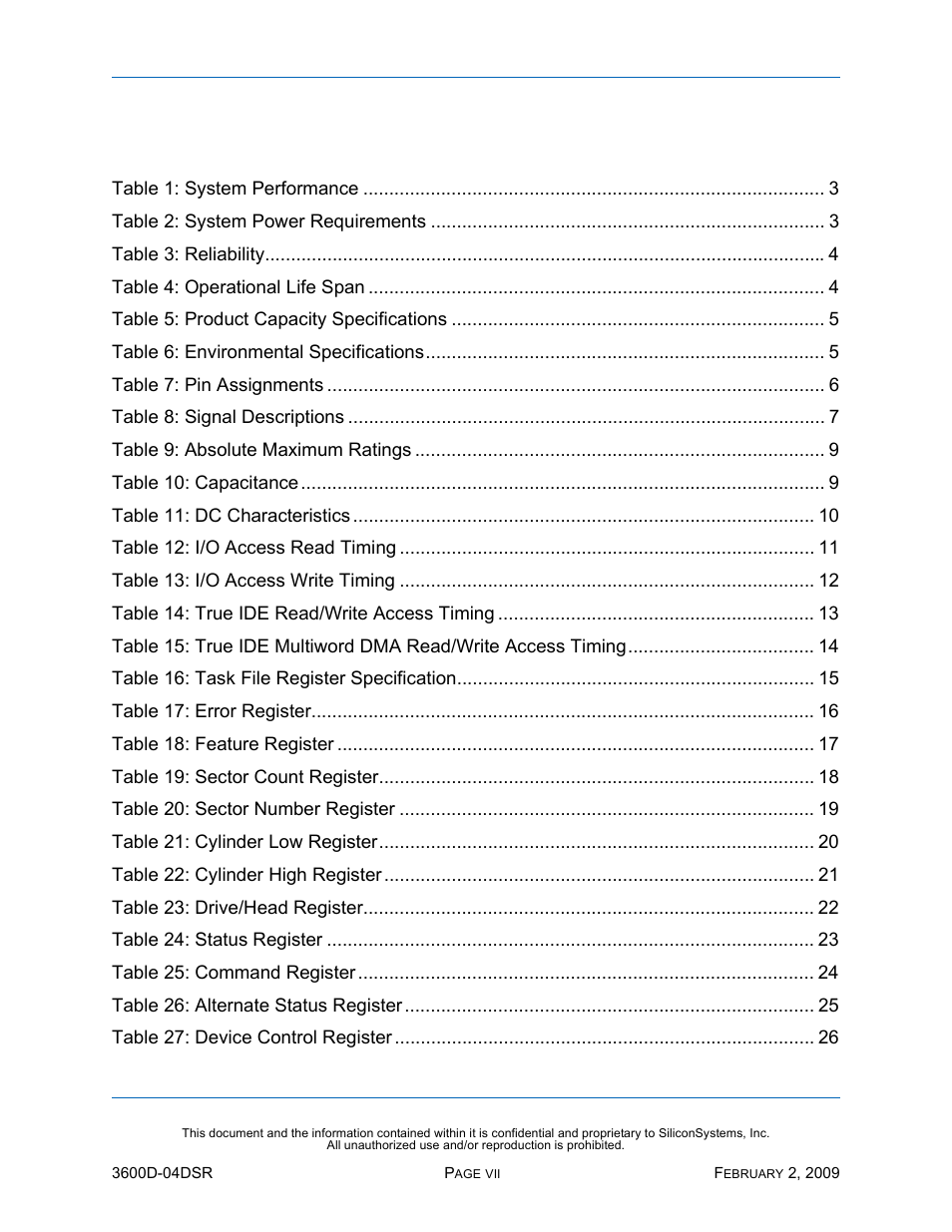List of tables, Ables | Silicon Image SiliconDrive SSD-D16G(I)-3600 User Manual | Page 7 / 76