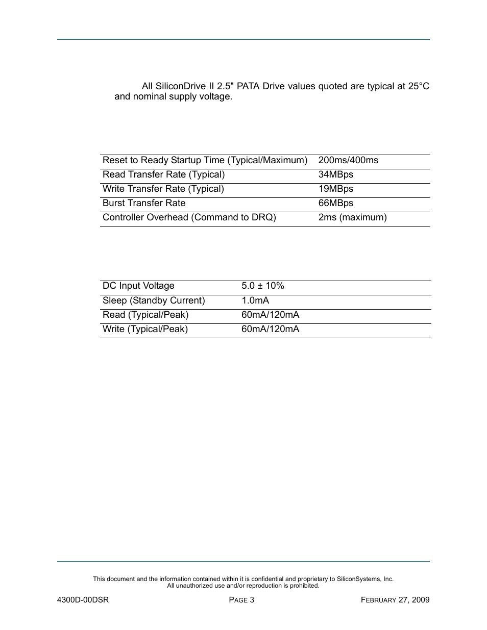 Product specifications, System performance, System power requirements | Table 1: system performance, Table 2: system power requirements | Silicon Image SiliconDrive SSD-D32G(I)-4300 User Manual | Page 12 / 88