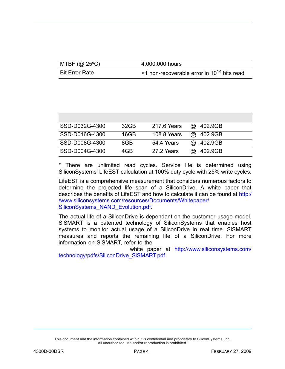 Reliability, Projected operational life span, Table 3: reliability | Table 4: operational life span | Silicon Image SiliconDrive SSD-D32G(I)-4300 User Manual | Page 13 / 88