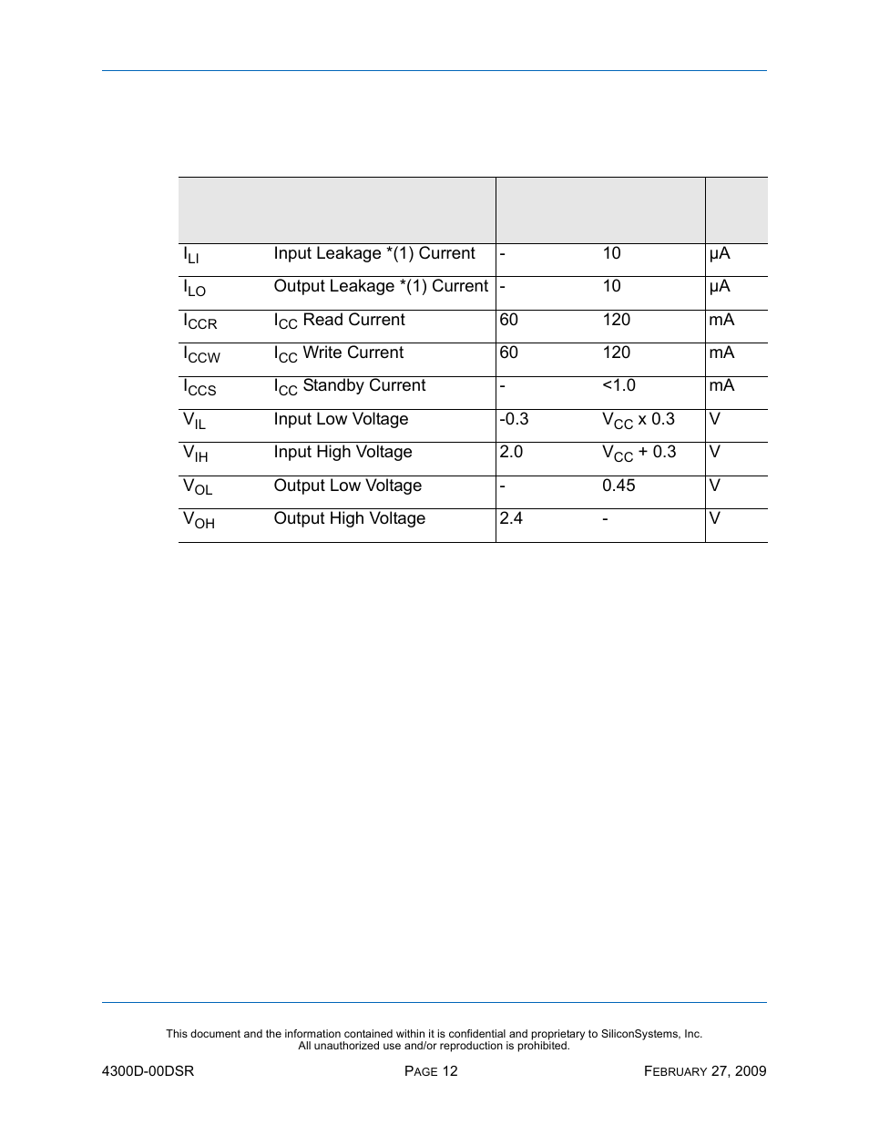 Dc characteristics, Table 10: dc characteristics, Dc c | Silicon Image SiliconDrive SSD-D32G(I)-4300 User Manual | Page 21 / 88