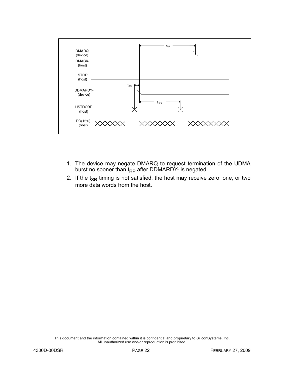 Figure 13: device pausing a udma data-out burst, Ssd-d, I)-4300 d | After ddmardy- is negated. 2. if the t | Silicon Image SiliconDrive SSD-D32G(I)-4300 User Manual | Page 31 / 88