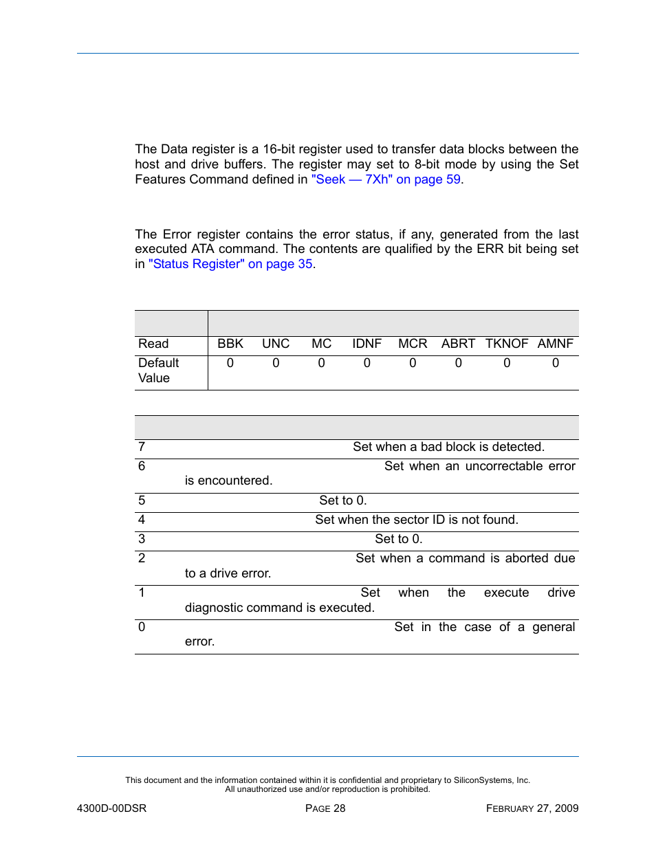 Ata registers, Data register, Error register | Table 15: error register, Ata r | Silicon Image SiliconDrive SSD-D32G(I)-4300 User Manual | Page 37 / 88
