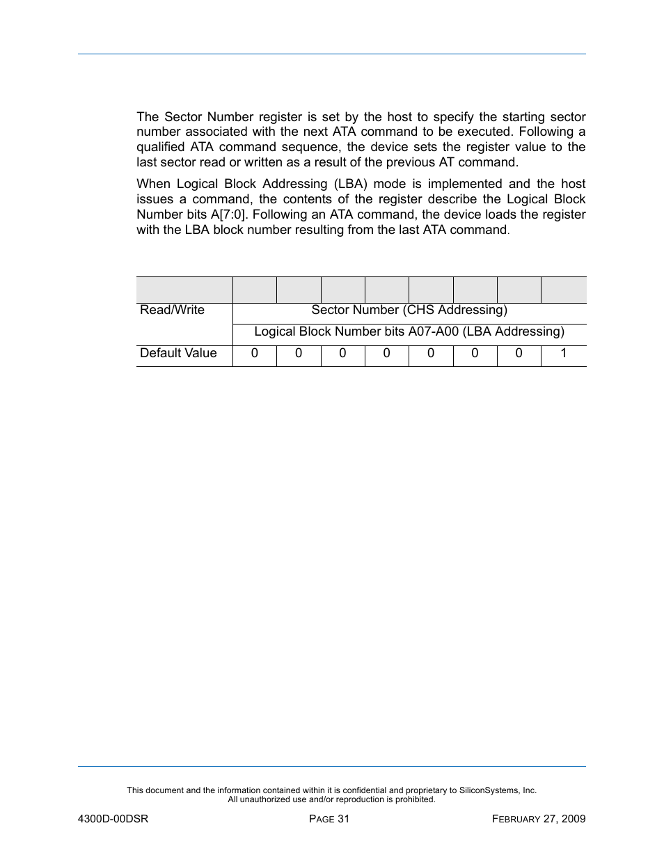 Sector number register, Table 18: sector number register | Silicon Image SiliconDrive SSD-D32G(I)-4300 User Manual | Page 40 / 88
