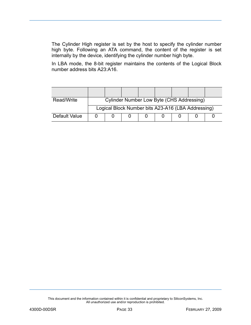 Cylinder high register, Table 20: cylinder high register | Silicon Image SiliconDrive SSD-D32G(I)-4300 User Manual | Page 42 / 88