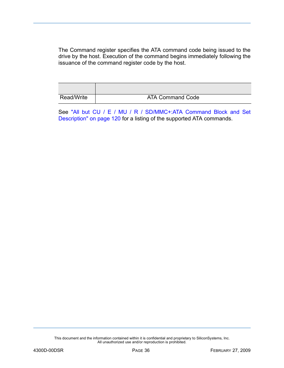 Command register, Table 23: command register | Silicon Image SiliconDrive SSD-D32G(I)-4300 User Manual | Page 45 / 88