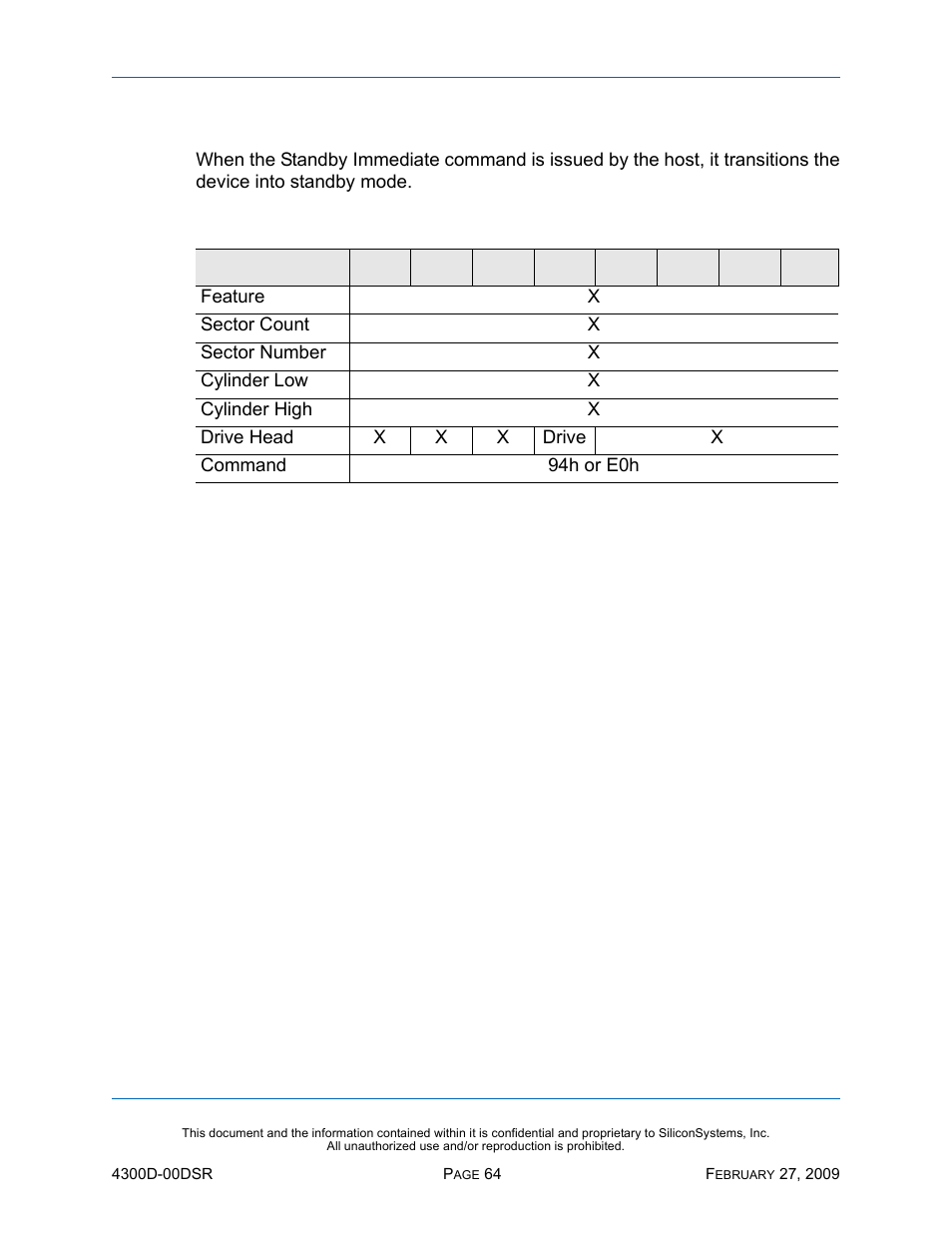 Standby immediate - 94h, e0h, Standby immediate — 94h, e0h, Table 50: standby immediate — 94h, e0h | Silicon Image SiliconDrive SSD-D32G(I)-4300 User Manual | Page 73 / 88