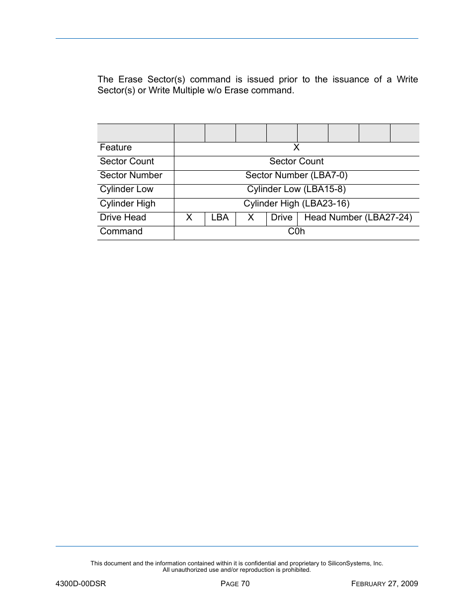 Erase sector(s) - c0h, Erase sector(s) — c0h, Table 56: erase sector(s) — c0h | Silicon Image SiliconDrive SSD-D32G(I)-4300 User Manual | Page 79 / 88